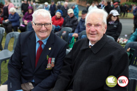 Warrnambool RSL commemorations convenor Colin Davies chats with special guest and World War II veteran, 102 year-old Jack Bullen.