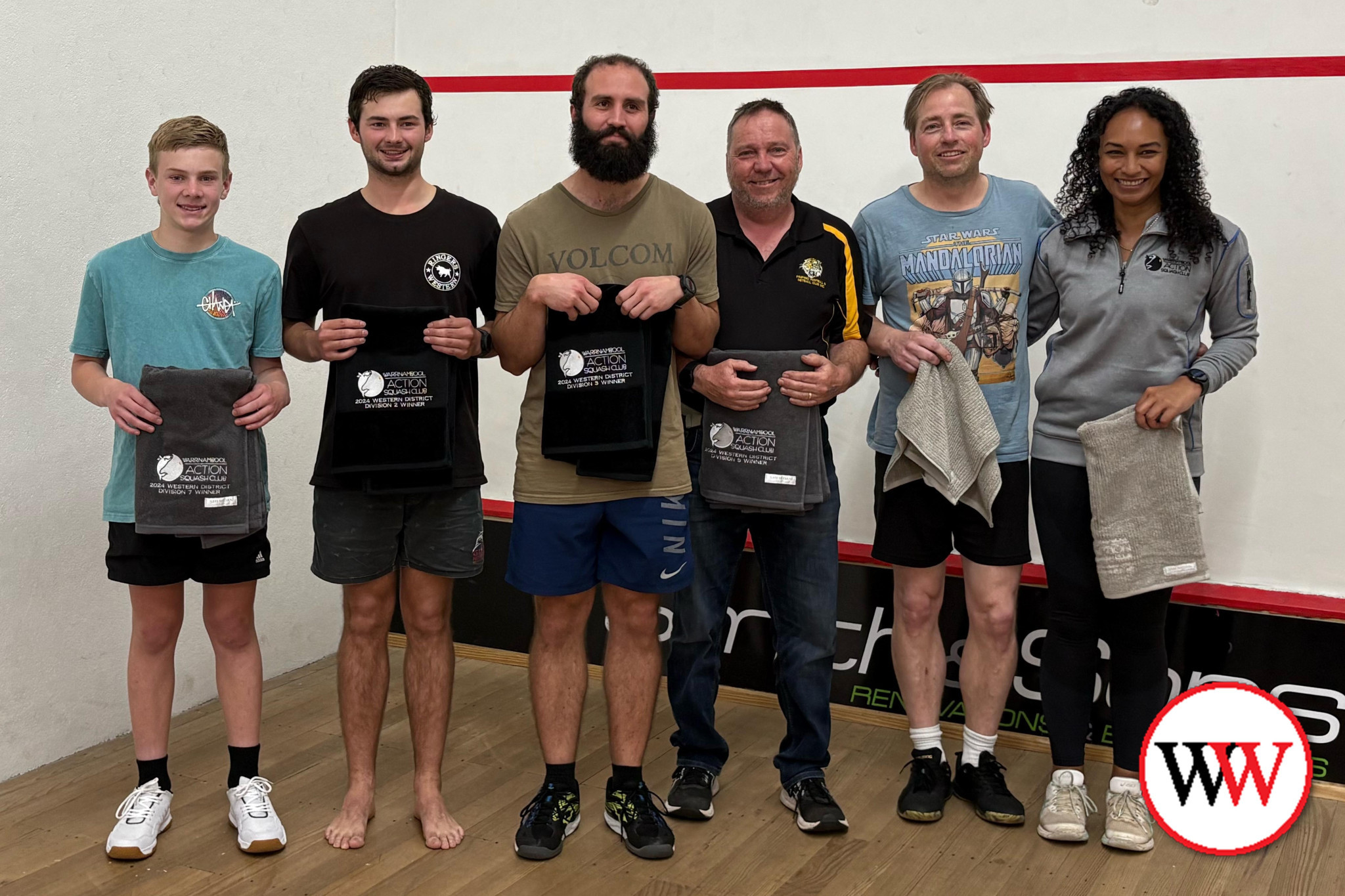 Harry Roberts, Alex McLachlan, Jacob Linford, Jason Hay, Cam Penna and Sharli Tulaga celebrate after the tournament.