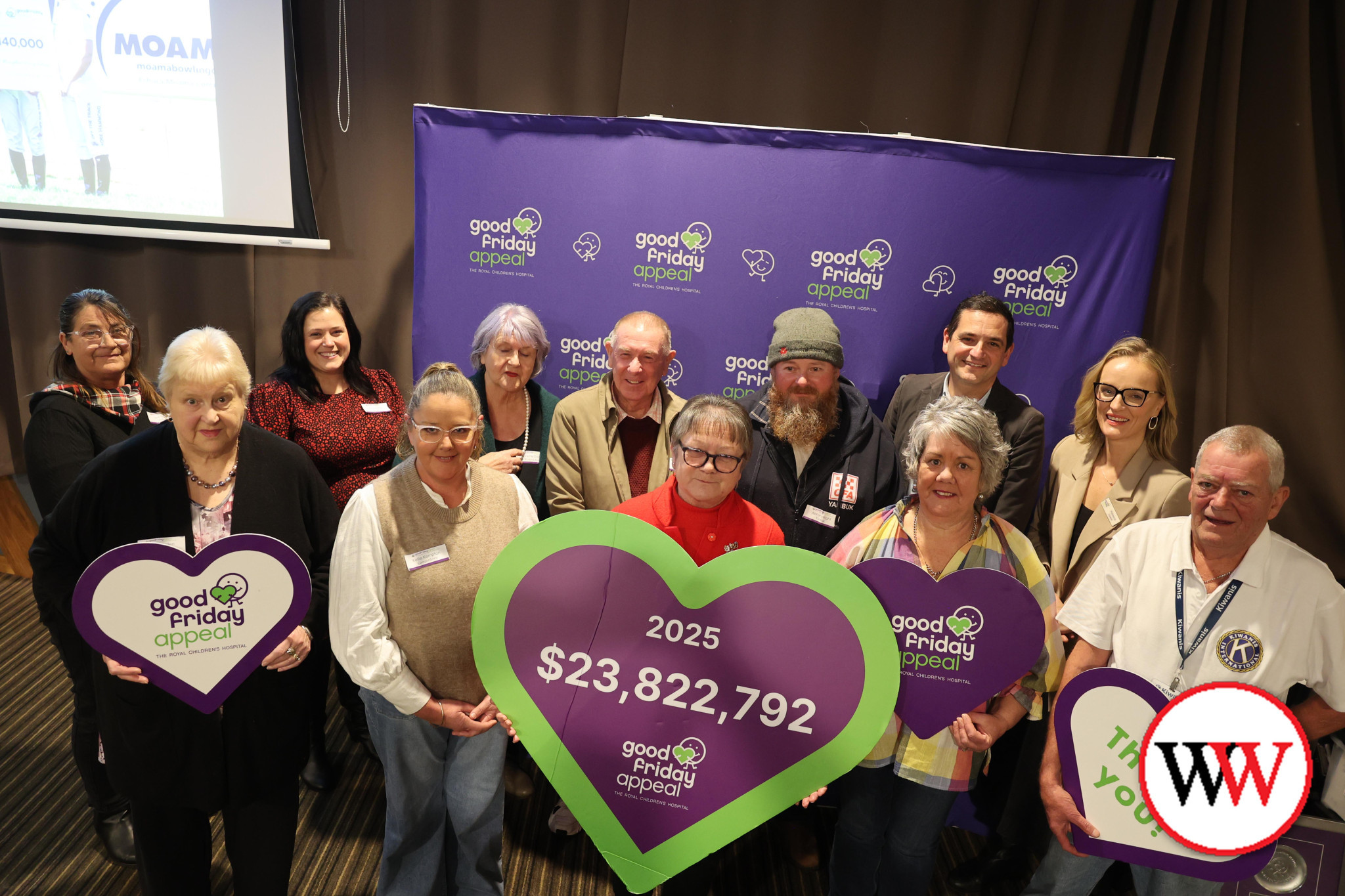 Residents across the district once again dug deep for this year’s Good Friday Appeal, contributing to the state’s overall tally of more than $23 million. Pictured at Wednesday night’s recognition evening are, back row from left – Lee Edge (Timboon), Amy Jobling (Koroit), Jeannette Daley (South Western Auxiliary), Allan Hadden (Hamilton Lions), Aaron Wright (Yambuk), Simon Pace (director of creative services, RCH) and Rebecca Cowan (executive director, Good Friday Appeal). Front – Fran Warden (Cobden), Kellie Kempton (Camperdown), Liz Mercovich (Port Fairy), Sandra Addinsall (Macarthur) and Peter Sanderson.