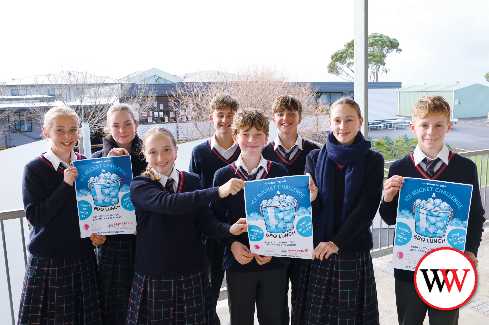 Year 7G students Frankie Gleeson, Ellie Dobson, Georgia Arundell, Tadhg Loughran, Lawson Chow, Quinn Madigan, Layla Smits and Finn Beaton are looking forward to the ice bucket challenge.