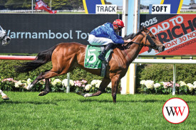 Bine ridden by Declan Bates wins the Warrnambool Toyota Charge at Beersheba Sprint BM70 Hcp. (Photo by Reg Ryan/Racing Photos)