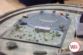 A section of Neville Rowe’s model that included a local cricket ground, complete with players in action.