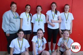 13 and under runners-up Green Beans with coach, Felicity Delaney. Back row: Indiana Stonehouse, Aurora Johnston, Tessa Shanahan and Stella Giblett. Front: Nyah Bridge, Emily Hancock and Luci Delaney.