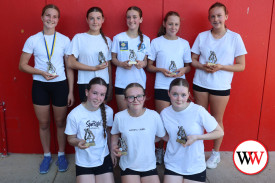 15 and under premiers, Team Six. Back row, left to right: Sienna Ballinger (player of the match), Sienna Seabrook, Zoe Everall, Layla Drummond and Jayla Woller. Front: Layla Sherlock, Lily Vickery and Maya Anderton.