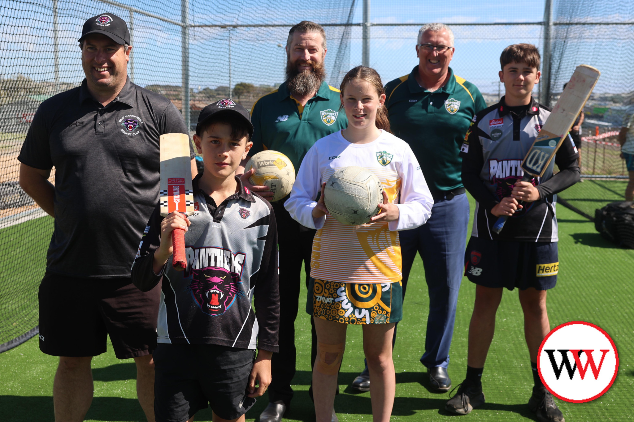 West Warrnambool Cricket Club’s Matt Holcombe, senior netball coach with the Old Collegians Andrew Sloane and Simon Dawson (president, Old Collegians Football Netball Club) with young cricketers Cooper McDonald and Beau Gannon and netballer Addison Holcombe.