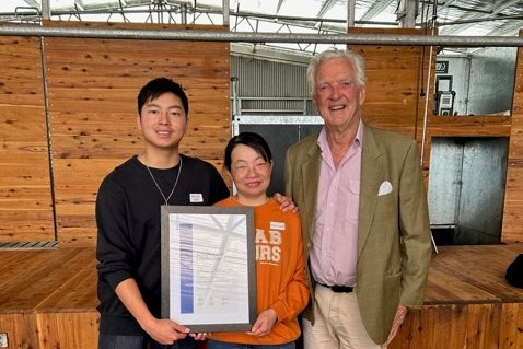 Congratulations: Warrnambool’s Rain Lai, pictured with his mother Rose Huang and Salt Creek Wind Farm proprietor Peter Coy, was overjoyed to be named the 2024 recipient of the $30,000 Salt Creek Wind Farm scholarship.