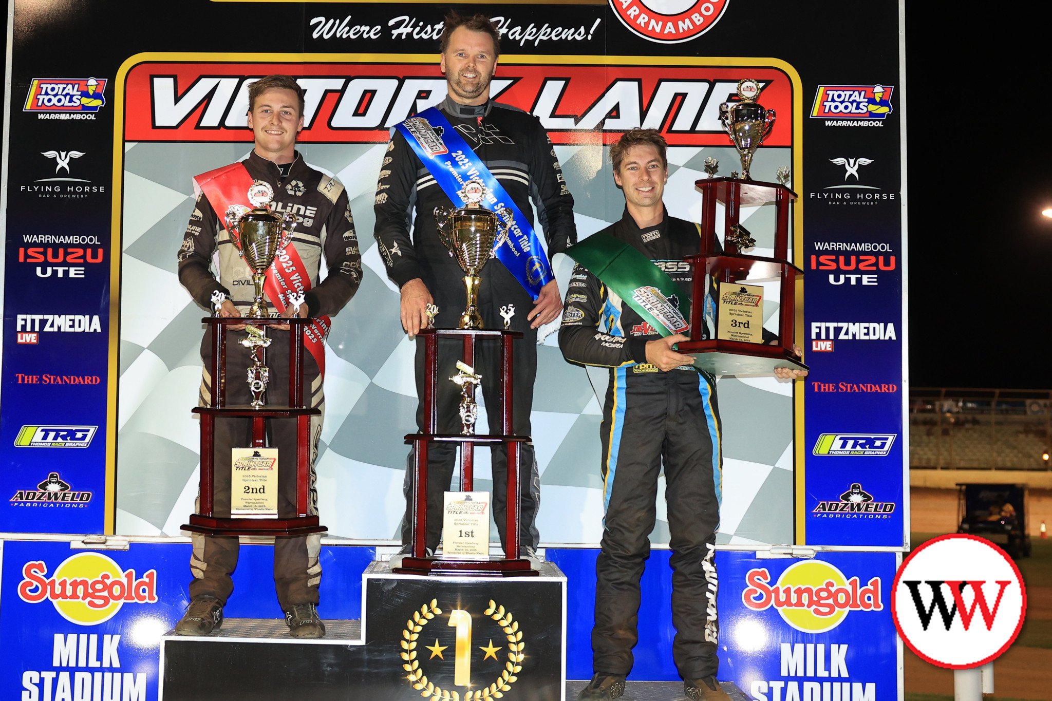 2025 Victorian sprintcar championship winners 1st place Jamie Veal, 2nd place Todd Moule, 3rd place Daniel Pestka.