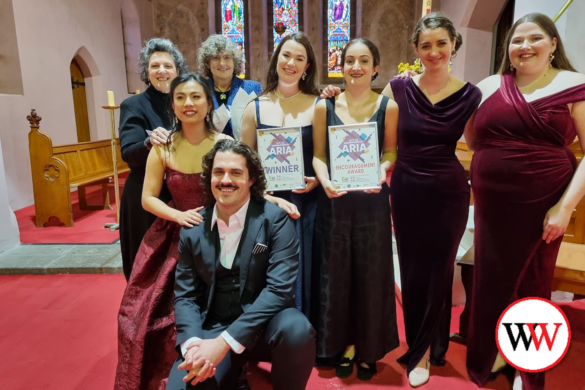 Adjudicator Liane Keegan (left) with Mei Wah Chan, accompanist Phillipa Safey, Hartley Trusler, 2025 Aria winner Breanna Stuart, encouragement award winner Sidra Nissen, Lily Flynn and Kate Pengelly.