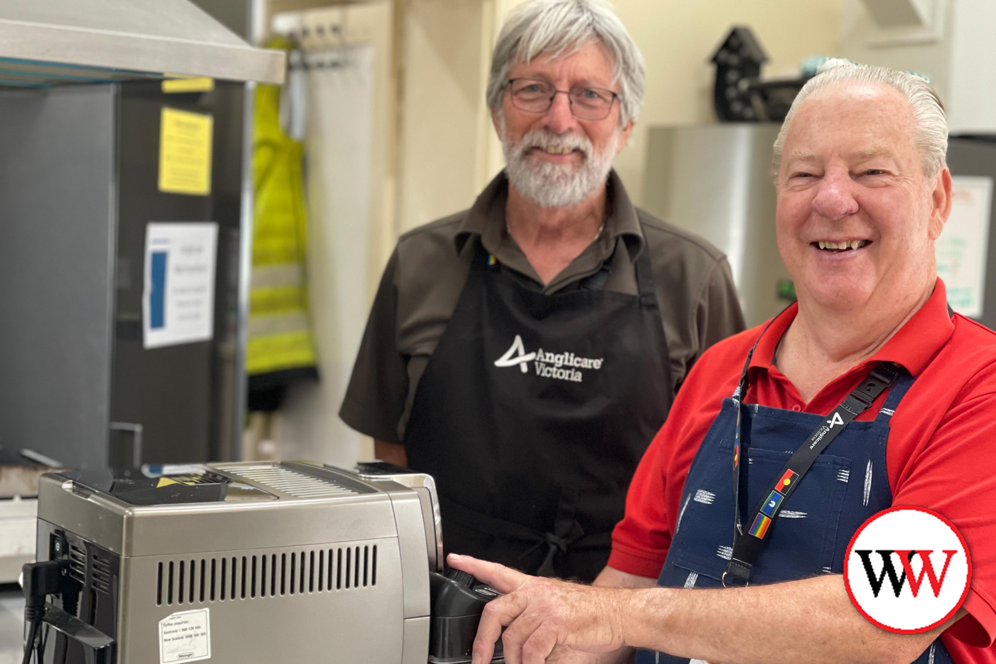 Volunteers Trevor and Ken provide a warm welcome, and a “tasty toastie,” to visitors at Anglicare Warrnambool’s drop-in centre.