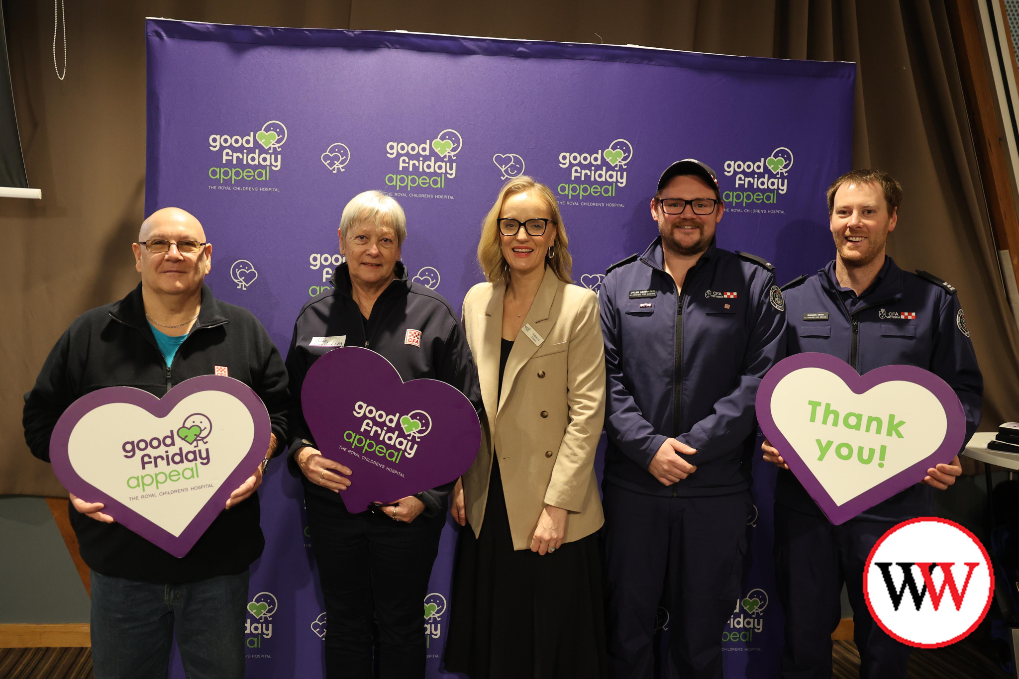 The Royal Children’s Hospital Good Friday Appeal team paid a visit to Warrnambool on Wednesday night to thank volunteers, fundraisers and community groups involved in this year’s fundraiser. Pictured with executive director of the Good Friday Appeal, Rebecca Cowan (centre) are Allansford CFA members Brian Walker, Anne Anderson, captain Dylan Henriksen and Shannon Drake.