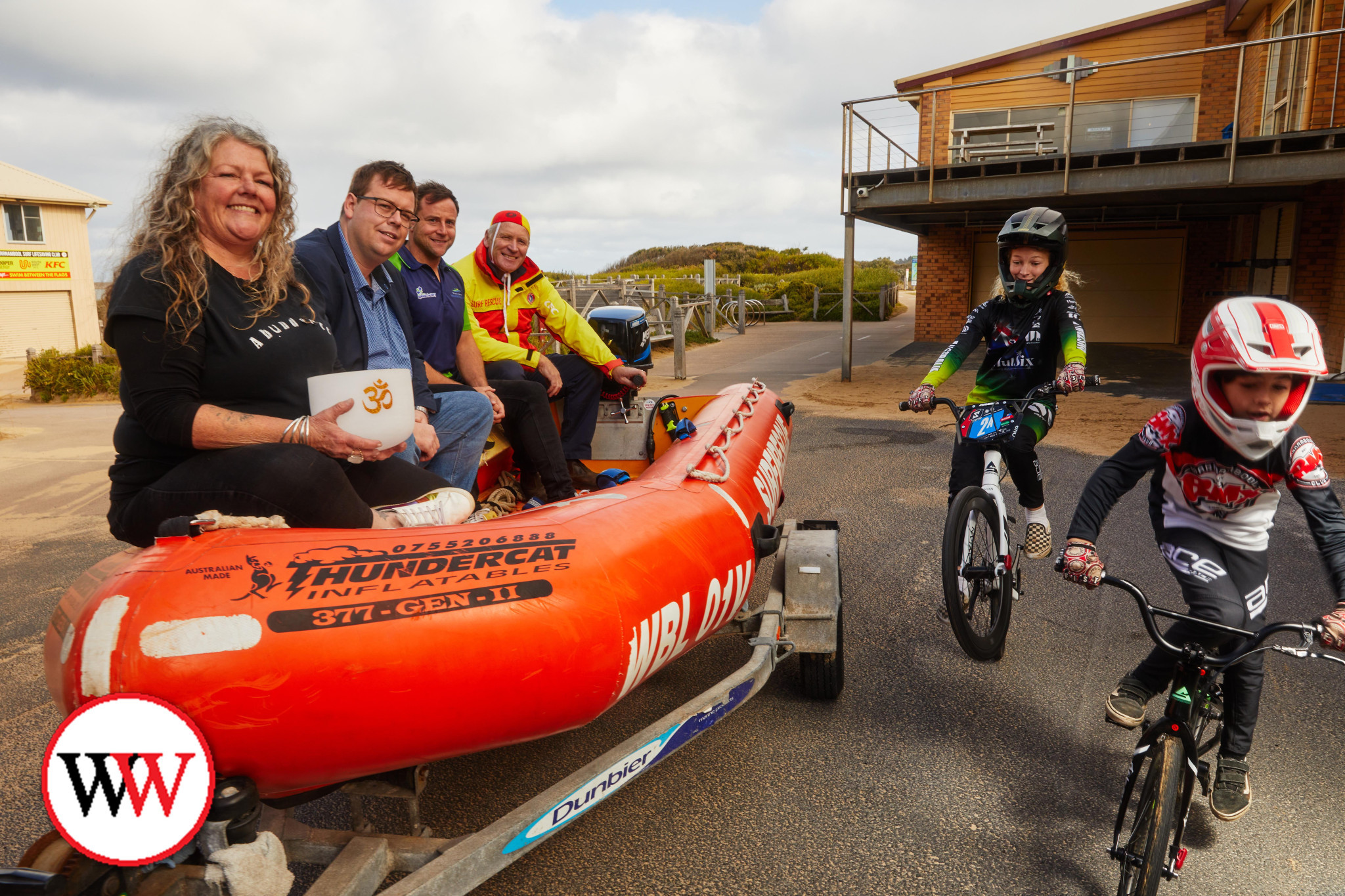 Ready for a busy weekend are, from left, Christina Chilton (Warrnambool Yoga Festival), Warrnambool mayor Cr Ben Blain, Warrnambool Swimming Club coach Josh Sobey, Warrnambool Surf Life Saving Club president John McNeil and BMX competitors Milla and Tate Rentsch. Photo courtesy Warrnambool City Council.