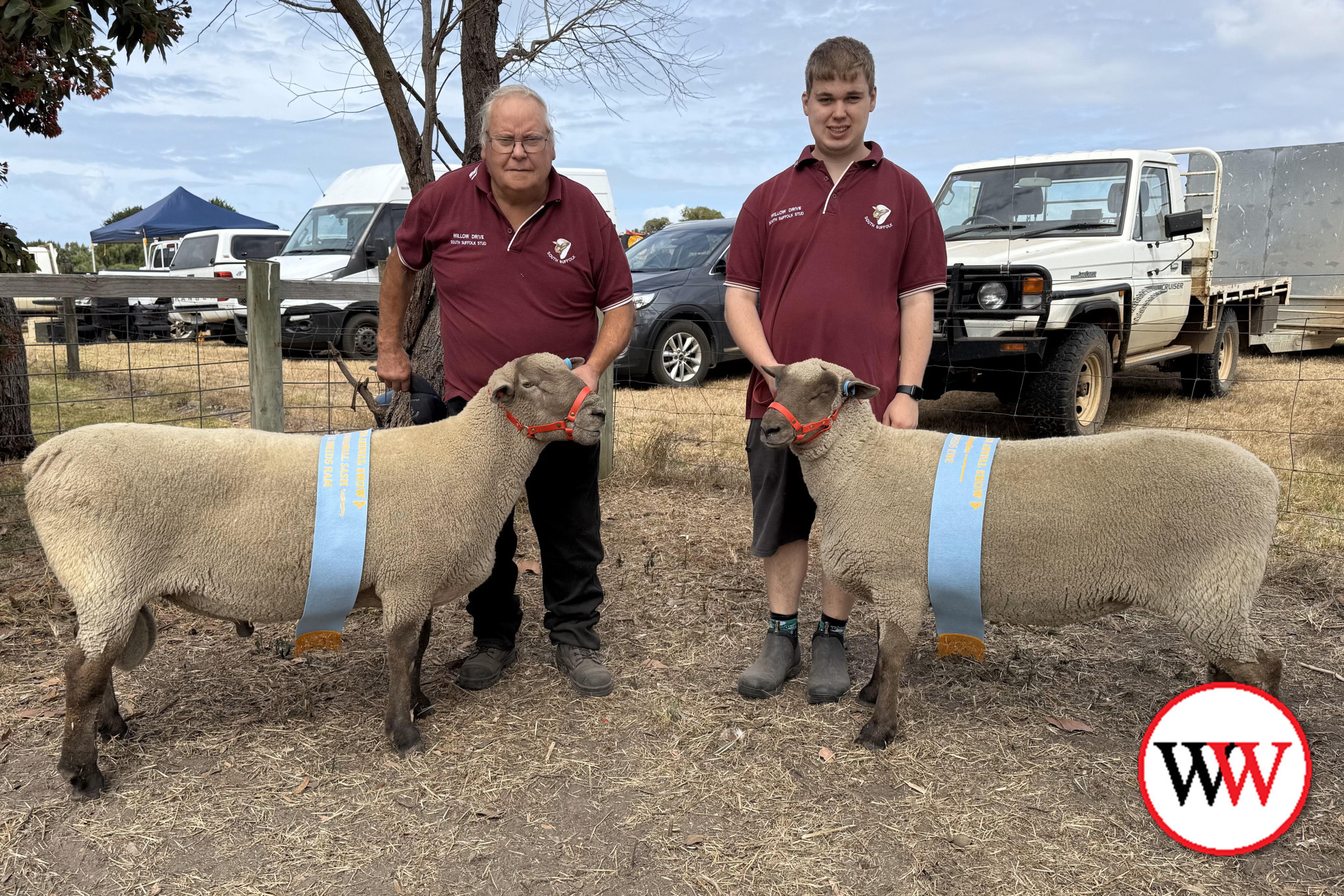 Barry Shalders and grandson Jack Holmes with their award-winning South Suffolk ram and ewe.