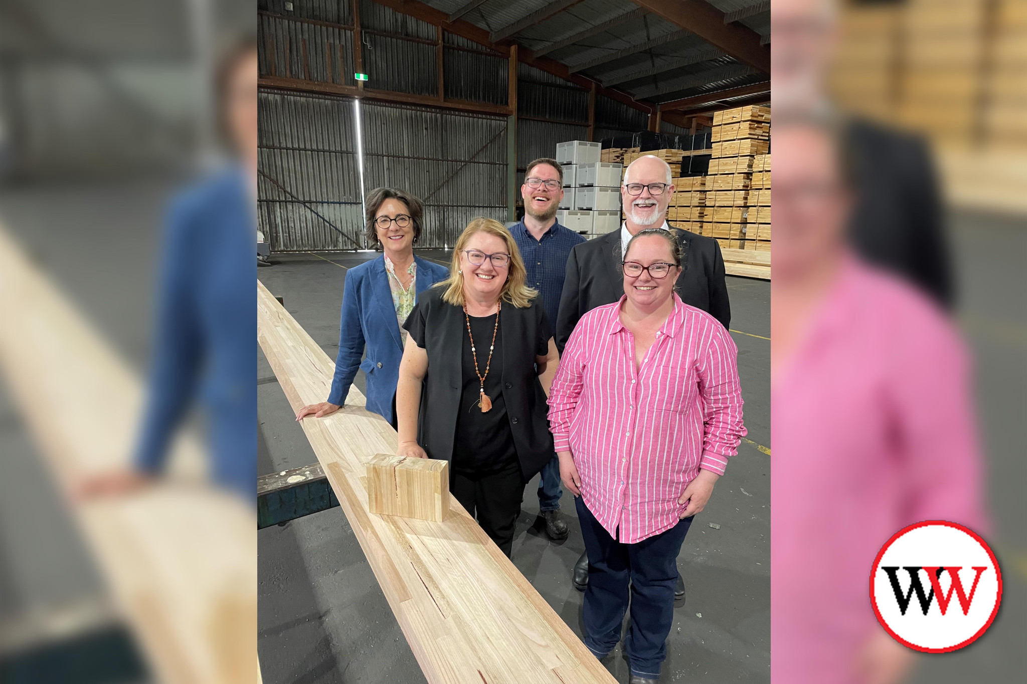 Member for Western Victoria Jacinta Ermacora (left) with Minister for Jobs and Industry Natalie Hutchins, WTIBeam owners Jason and Edwina Vulcz and Green Triangle Forest Industries Hub chief executive Tony Wright with the new GL18 product.