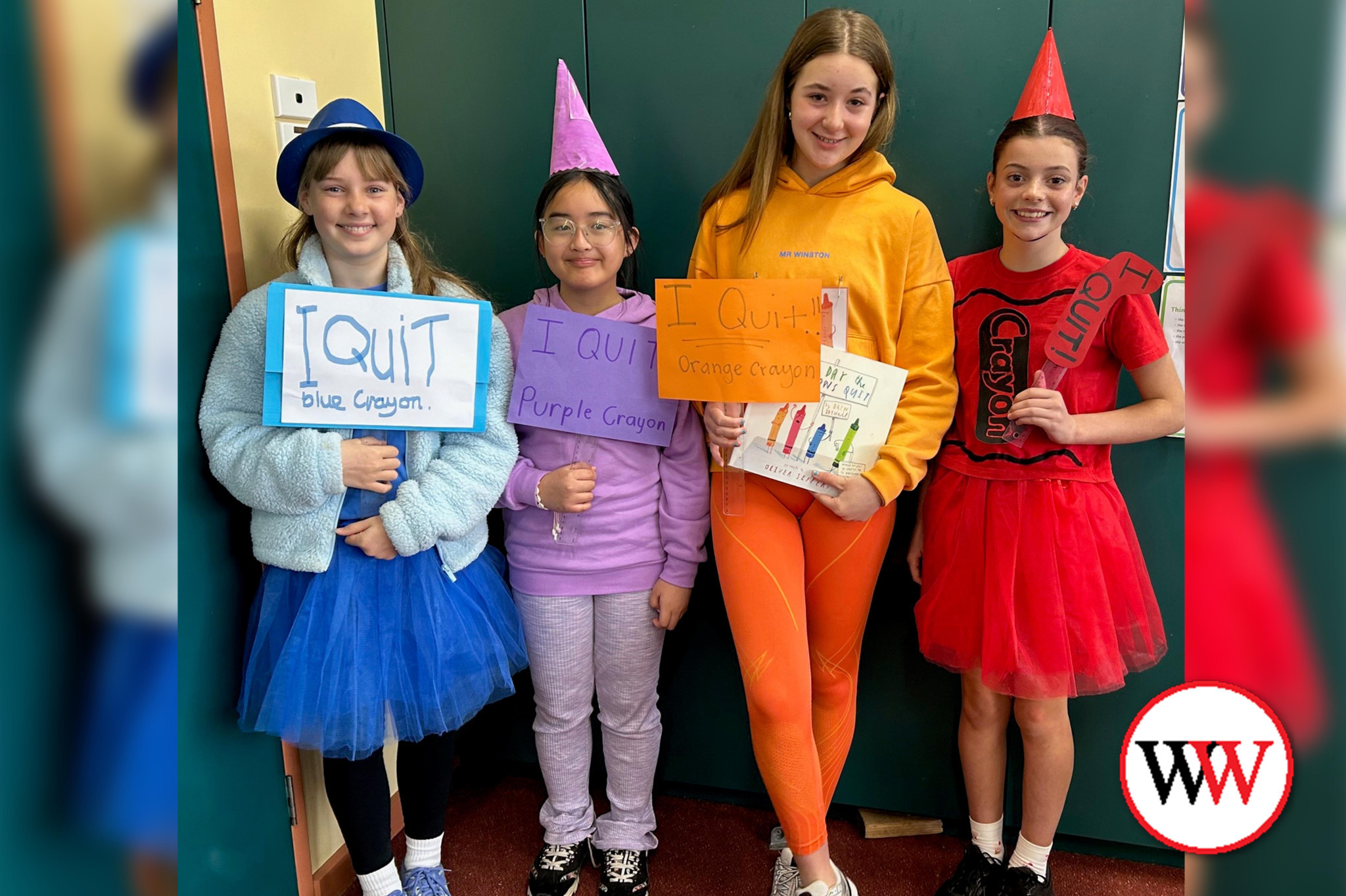 Sam, Amary, Violet, Emily as the Crayons that Quit.