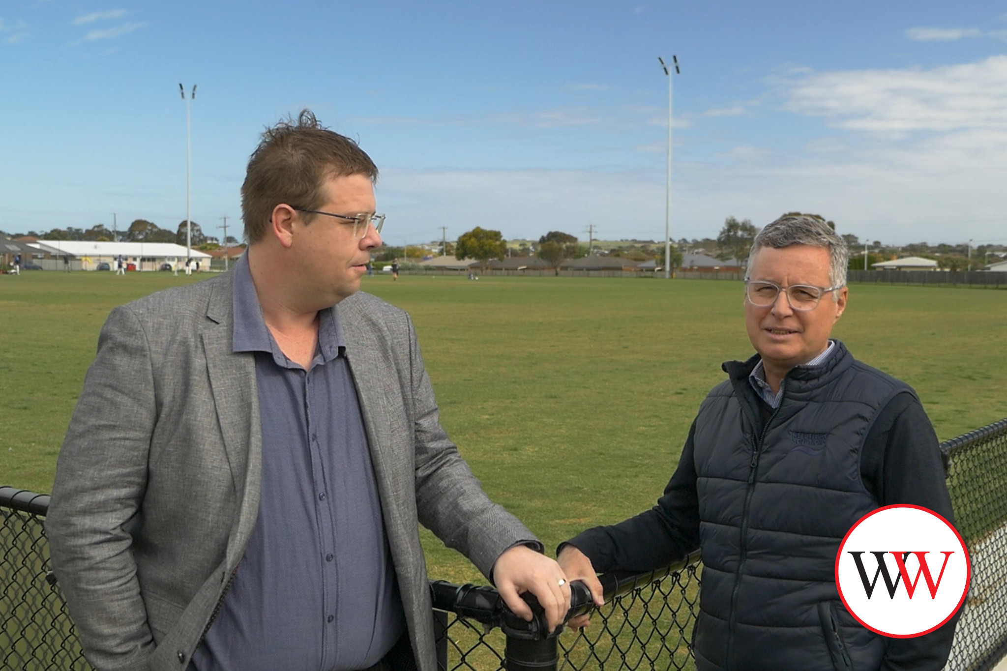 Mayor Cr Ben Blain and president of the Warrnambool Rangers Football Club Michael Robertson discuss the next stage of the Brierly redevelopment.