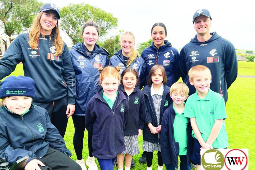 Carlton Football Club’s (from left) Imogen Milford, Erone Fitzpatrick, Lily Goss, Amelia Velardo and Glenn Strachan with Warrnambool West Primary School students Seth Winfield, Jameka Fleming, Alexis Grey, Erica Gibbins, Hunter Fields and Nate Moon.