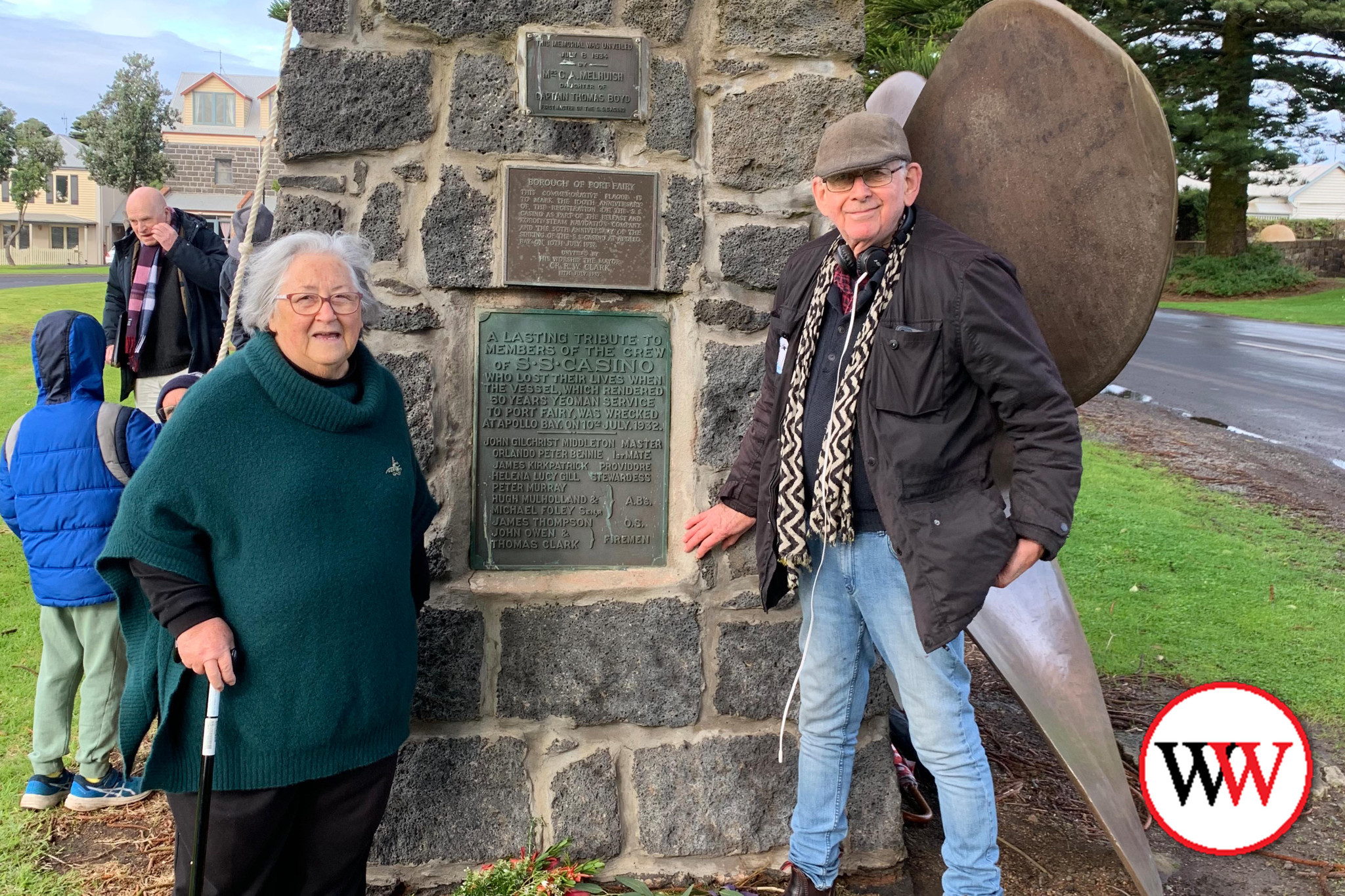 Pictured at the Cairn in July 2023, local resident Margaret Whitehead with Owen Martin (who represented the Apollo Bay and Skenes Creek families from the Apollo Bay School).