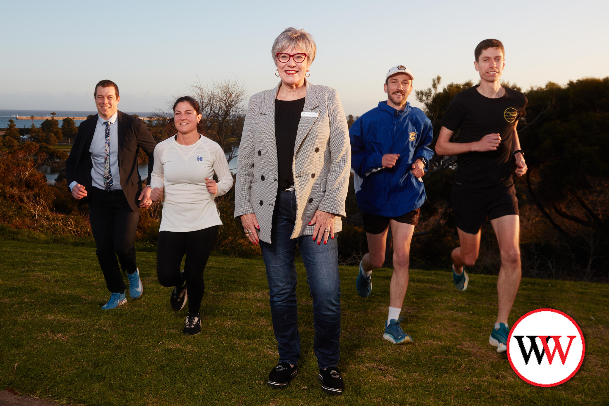 Cr Debbie Arnott was happy to meet with Warrnambool runners Gerard Atkinson, Tess Mammone, Ollie Westwick and Michael Obst who will represent the city at this weekend’s Changchun marathon.