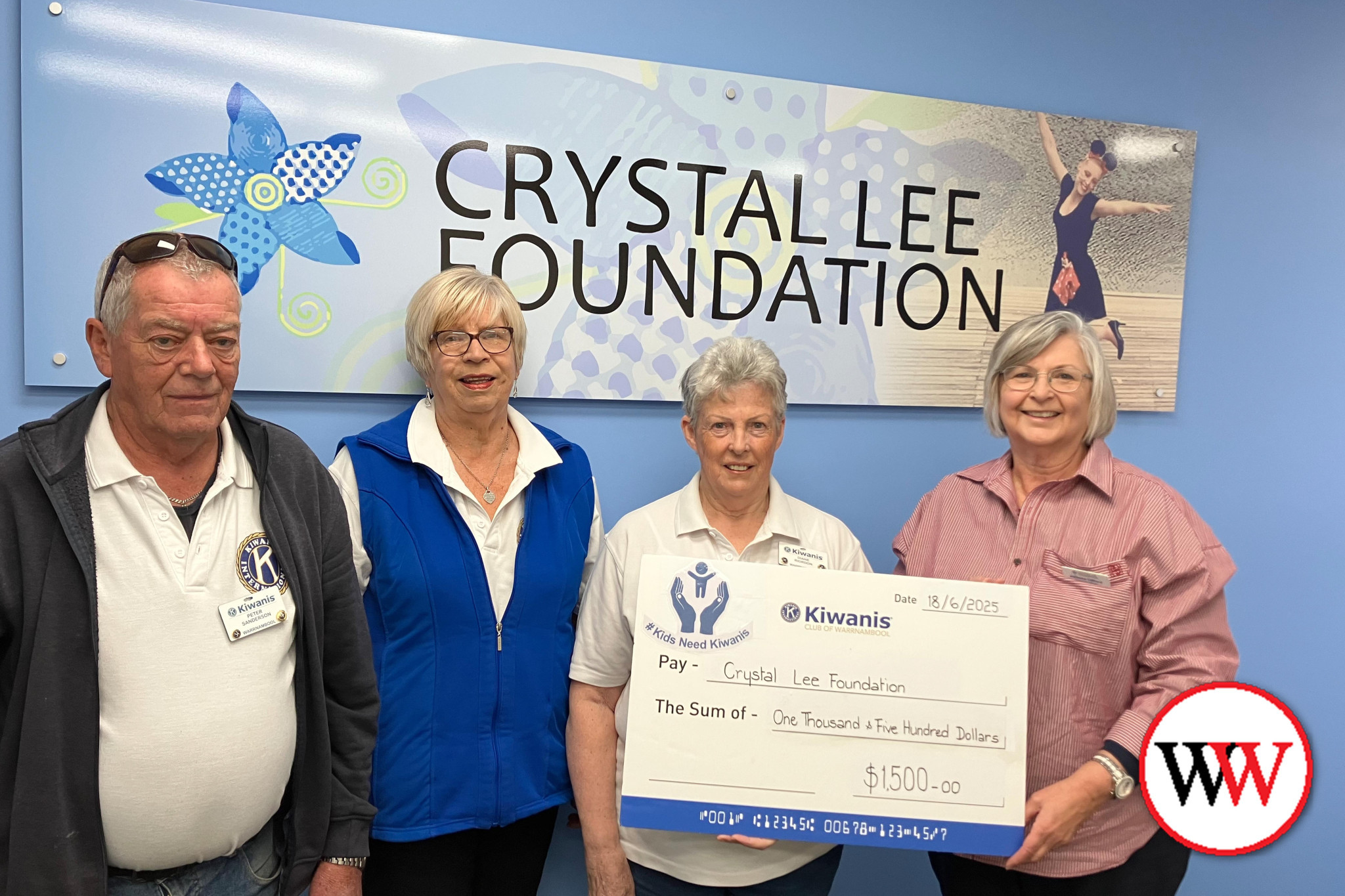 Kiwanis club members Peter Sanderson, Diane Riordan and Sandra Mugavin present a cheque to executive officer of the Crystal Lee Foundation, Julienne Clifford.