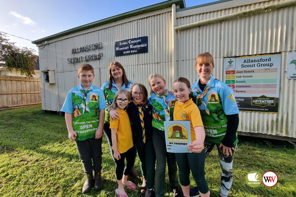 Some of the Allansford Cubs with leaders Gayle Drake and Tania Nevill at the Allansford Scout Group Hall.