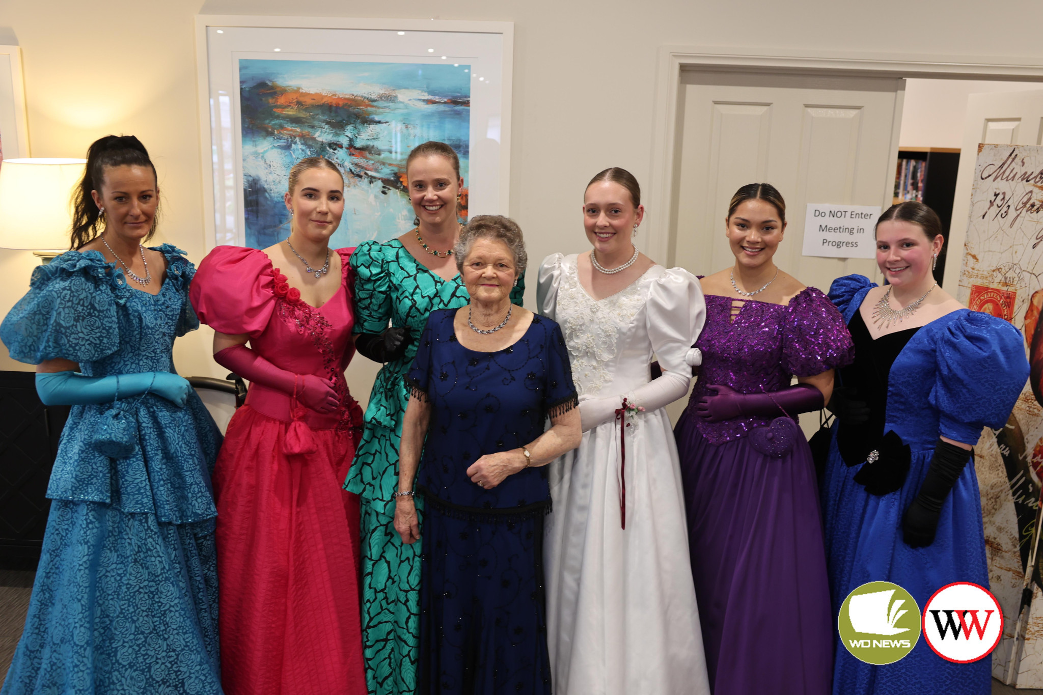 Gown designer Barbara Cathie (centre) with models, from left, Amy Alexandrou, Kelsey Mitchem, Ellie Fitzgerald, Kiara Berry, Kate Euvrad and Bella Berry.