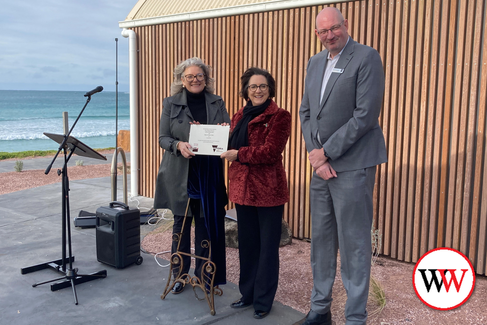 Moyne Shire mayor Cr Karen Foster, Member for Western Victoria Jacinta Ermacora and Moyne chief executive officer Mark Eversteyn.