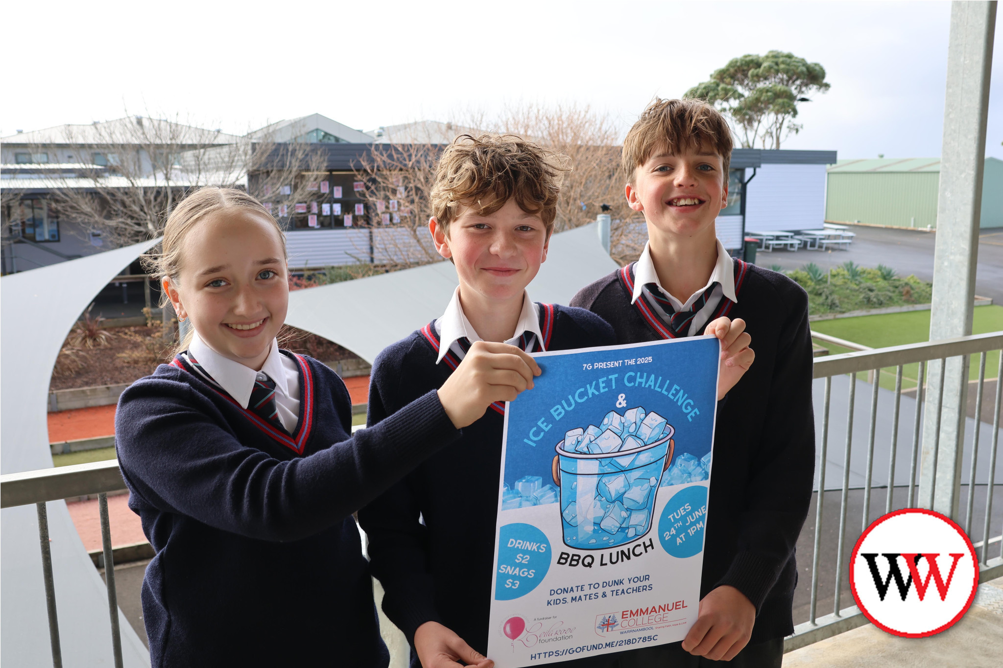 Georgie Arundell, Lawson Chow and Quinn Madigan and their classmates at Emmanuel College are looking forward to next week’s ice bucket challenge fundraiser.
