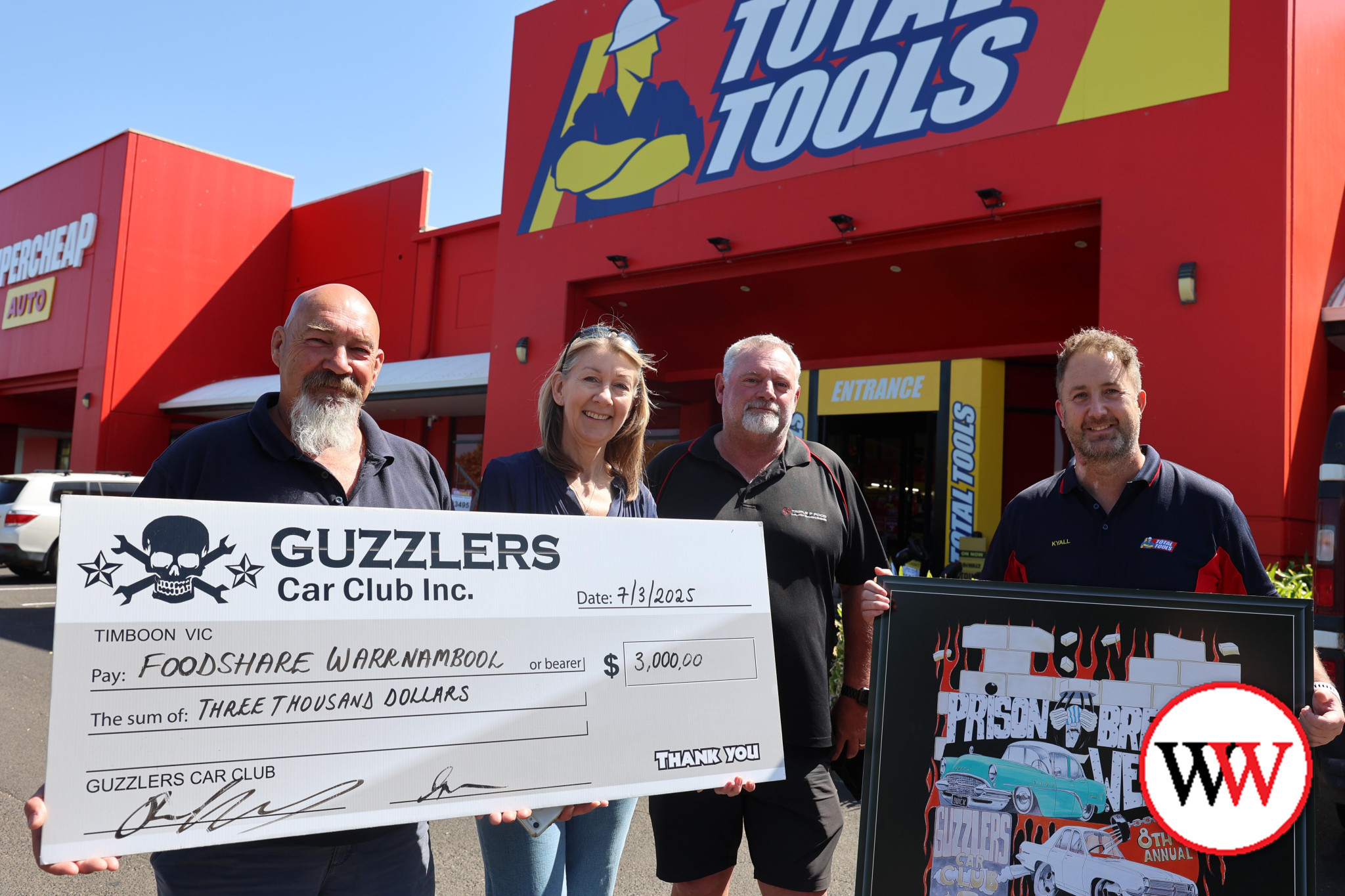 Guzzlers Car Club members Glenn Tracey and Claude Love with Food Share executive officer Amanda Hennessy and Kyall Wragge from Total Tools (sponsors of the Prison Break weekend).