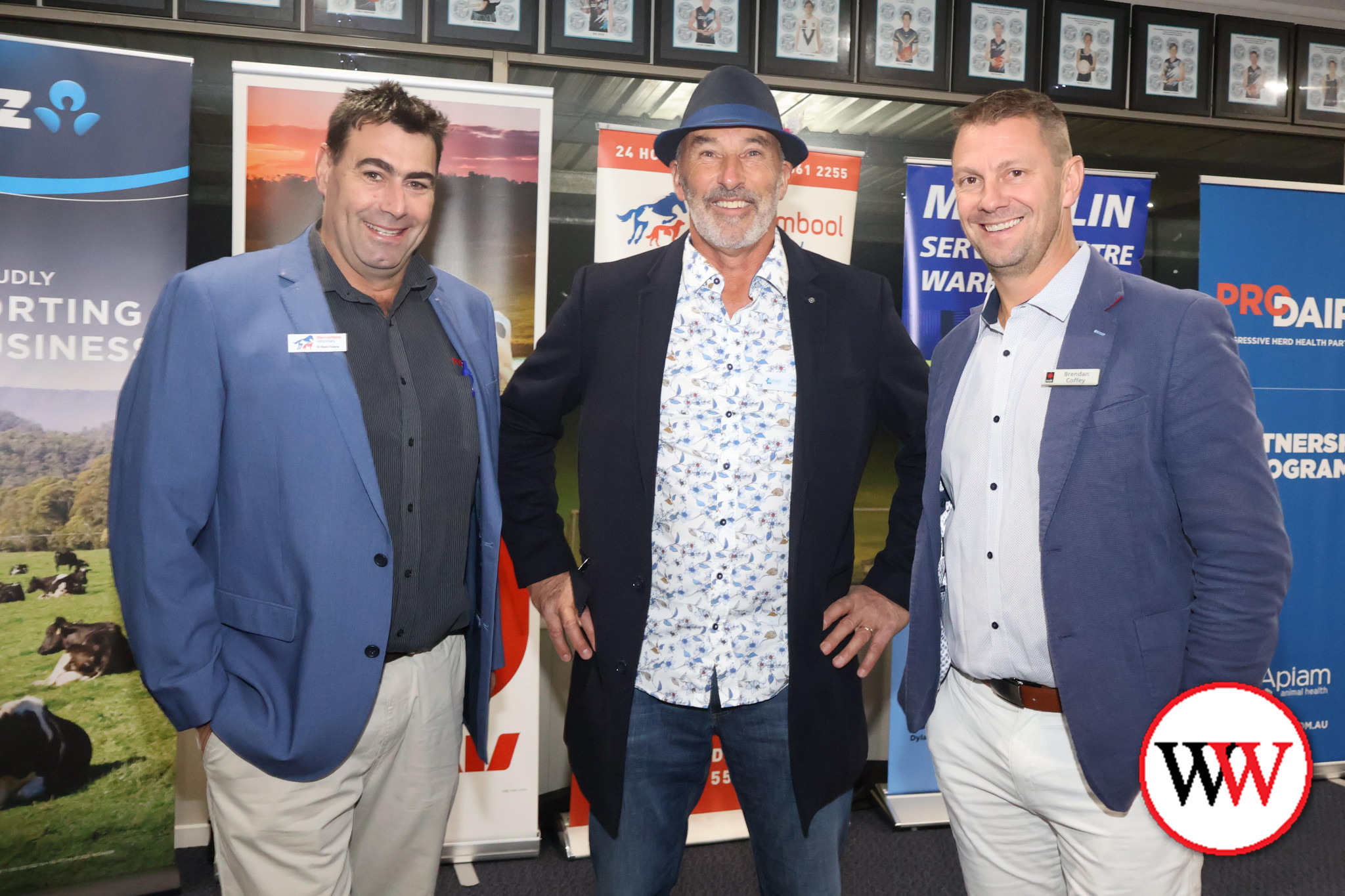 Warrnambool Veterinary Clinic’s Dr Glenn Cuzens (from left) and Phil Keegan, with NAB’s Brendan Coffey, were all smiles at last week’s free event for farmers in Noorat.