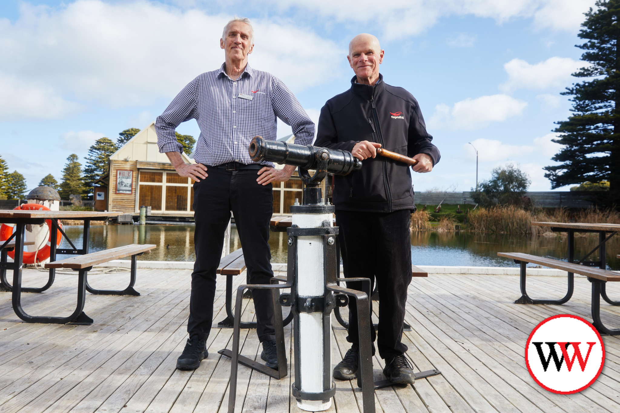 Flagstaff Hill’s swivel gun, ‘Thunderchild,’ is rarely fired but visitors to the popular tourist attraction on Saturday night will have the opportunity to see it in action. Flagstaff Hill’s Andrew Barrie (left) and Stephen Ivey are looking forward to a busy weekend of activities. Picture courtesy Warrnambool City Council.