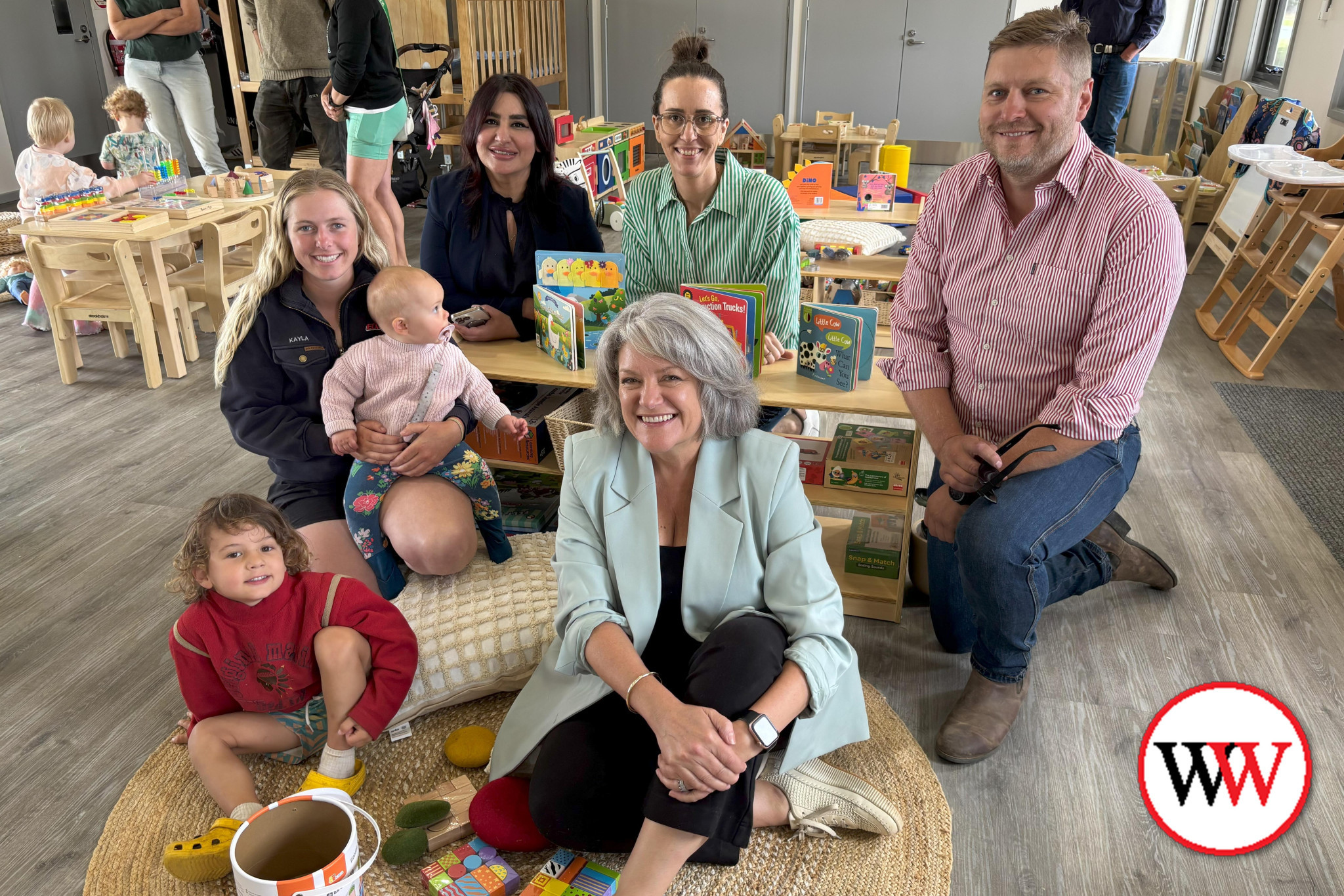 Archie, Moyne Shire mayor Cr Karen Foster, former councillor Daniel Meade, Cr Lisa Ryan, Director of Roots Childcare and Kindergarten Rabia Arshad and local mother Kayla and her daughter.