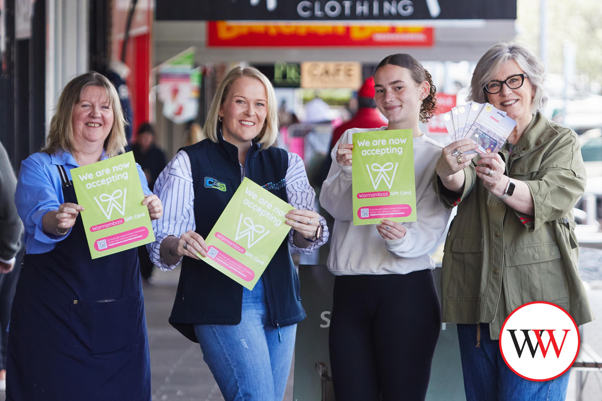 Darriwill Farm owner Lisa Pithkethly, Williams Glass and Doors quotation officer Heidi Benz, Fishtales Café apprentice chef Chloe King and councillor/local business owner Debbie Arnott with the new gift cards. Picture courtesy Warrnambool City Council.