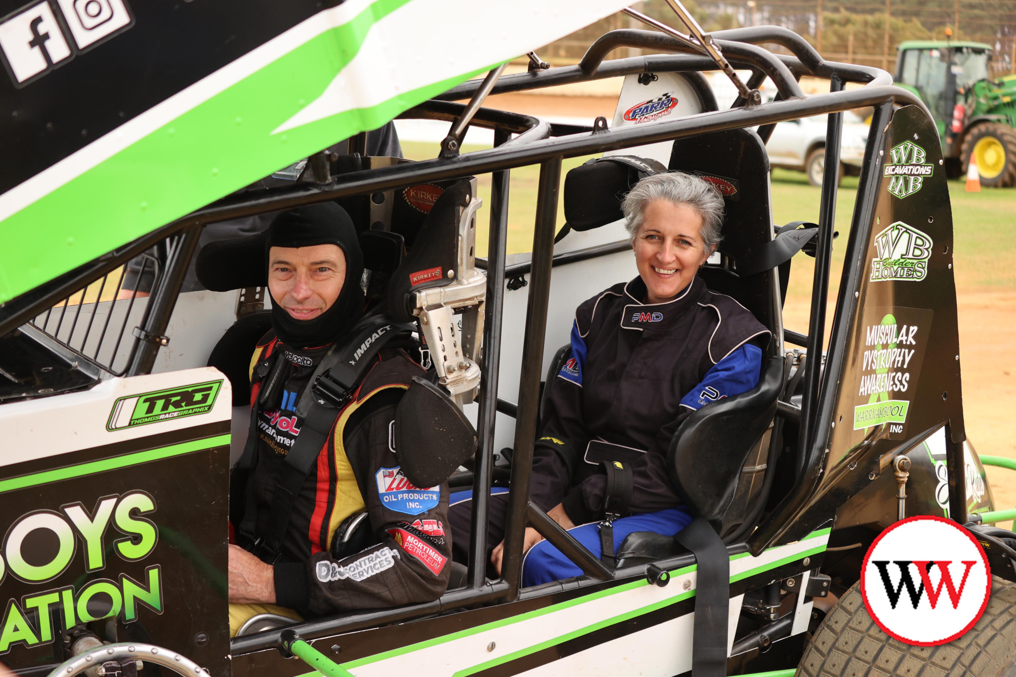 There was plenty of on-track action at Premier Speedway last Sunday when the Gillin Boys Foundation held a fundraising ‘two seater ride day.’ Narrawong’s Naomi Corcoran (pictured with driver John Vogels) was one of several locals who enjoyed a few laps around the track.