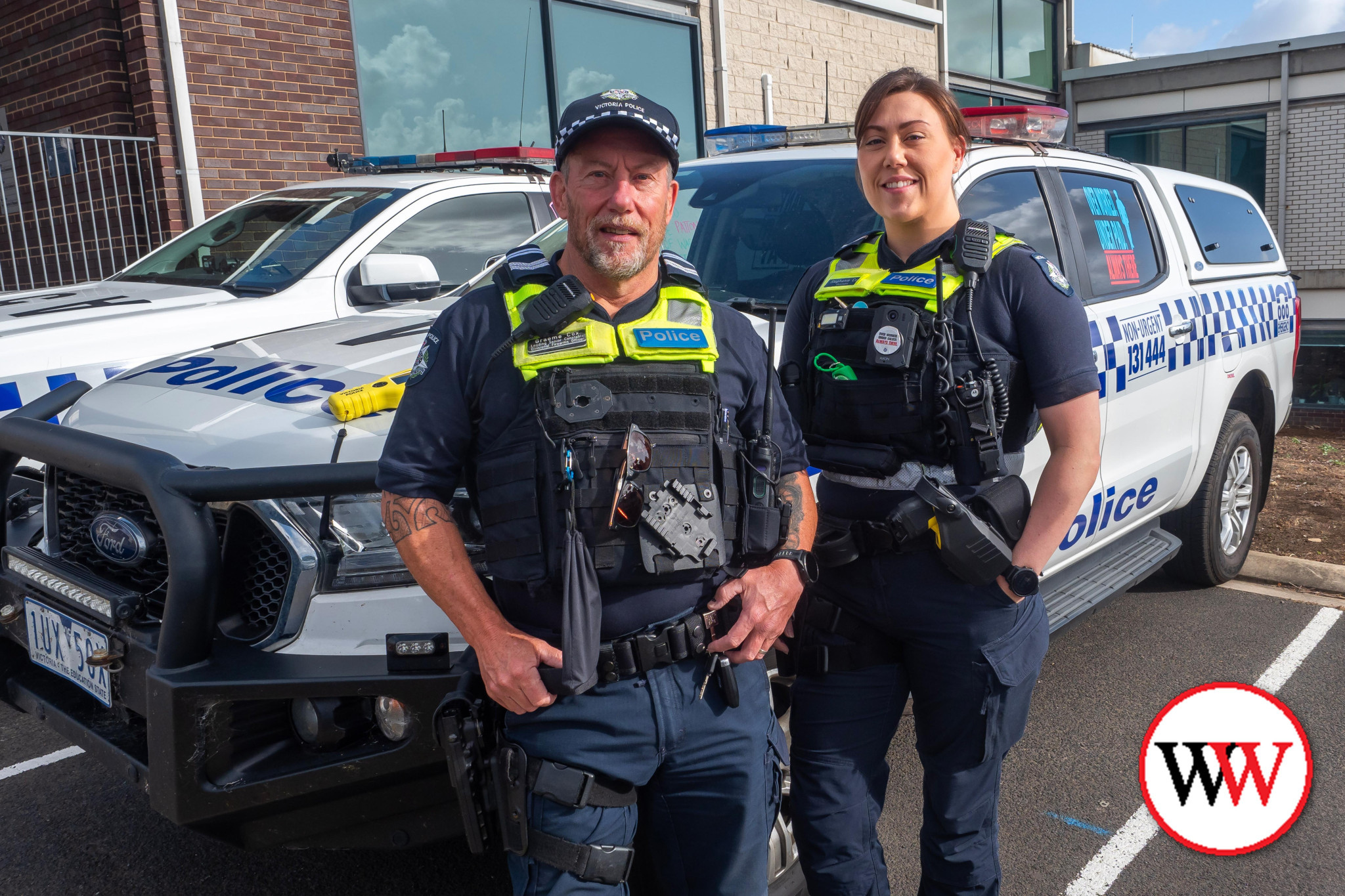 It was a special final day at the Warrnambool police station for Leading Senior Constable Graeme Cox and his daughter, Constable Steph Cox, on Tuesday. Picture courtesy Acting Sergeant Mark Kirby.