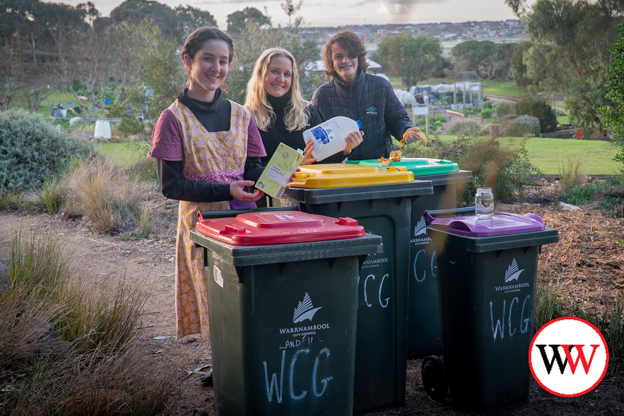 Green Futures Now members Amelia Dumesny and Edward Higgins with Warrnambool Community Garden convenor Courtney Mathew (centre). Picture courtesy Warrnambool City Council.