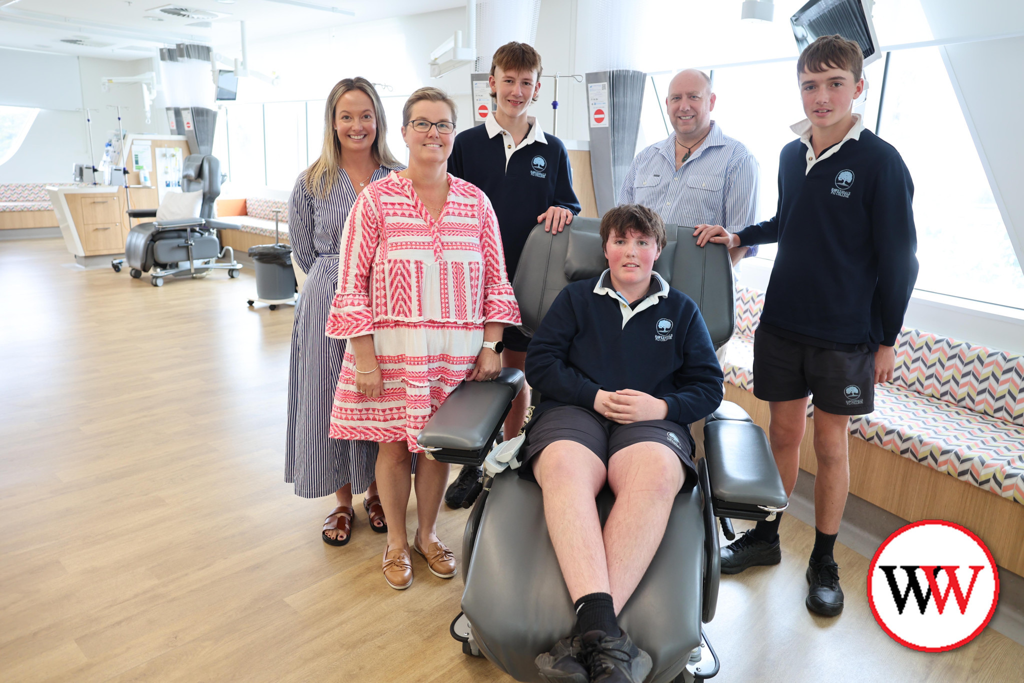 Director of cancer services Andrea Janes (front) with year nine students Ben Cocks, Sam Mooney and Darcy Dell, humanities teacher Imogen Cakebread and assistant principal at Hawkesdale P12 College, Paul Webster.