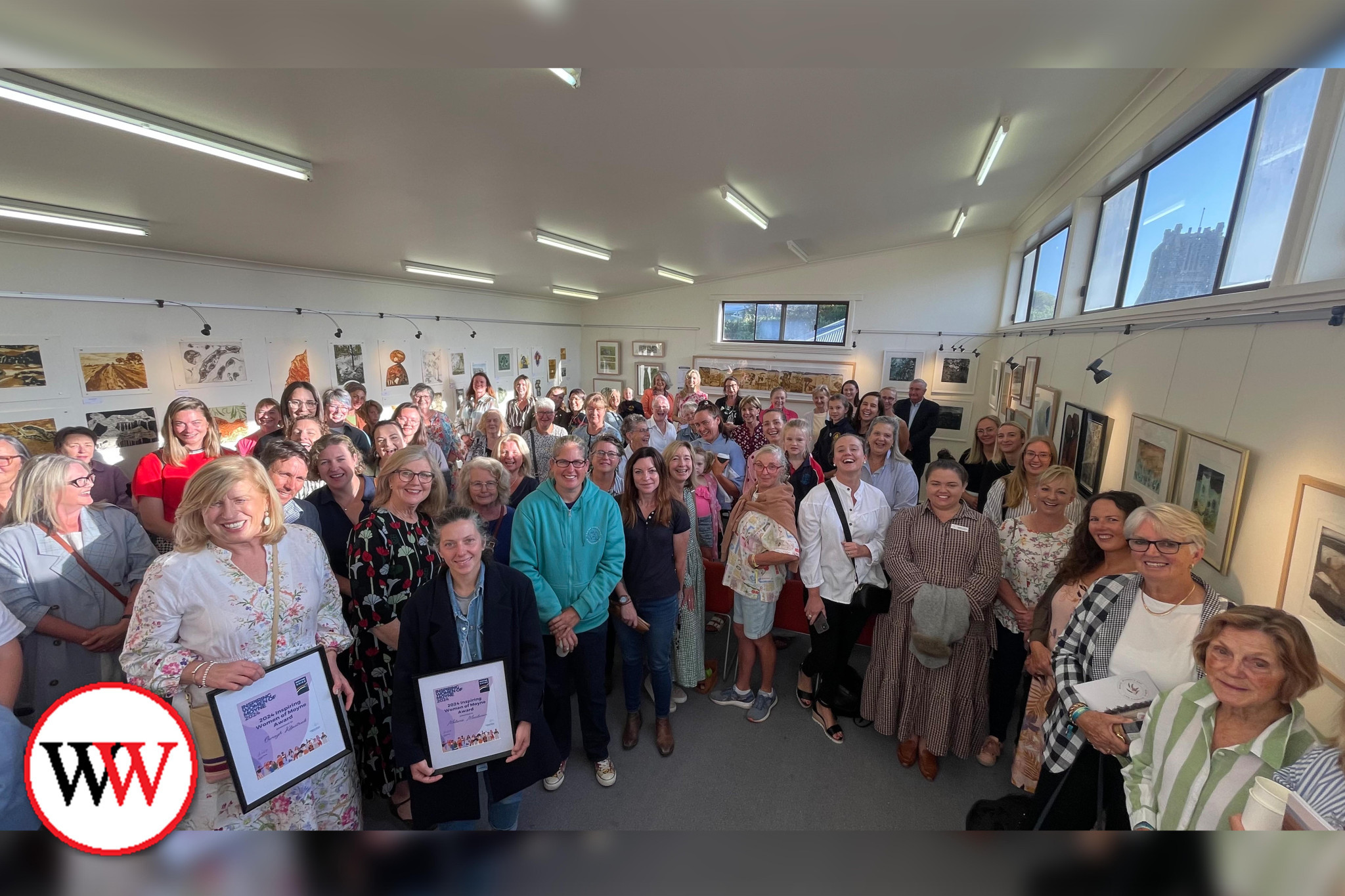 Last year’s winners Oonagh Kilpatrick and Melanie Macilwain flanked by event attendees at the 2024 Inspiring Women of Moyne event.