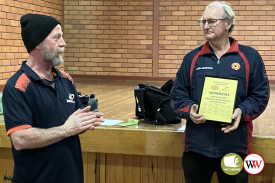 Warrnambool president Karl Keegan congratulates acting Heytesbury president Allen Armistead on his victory.