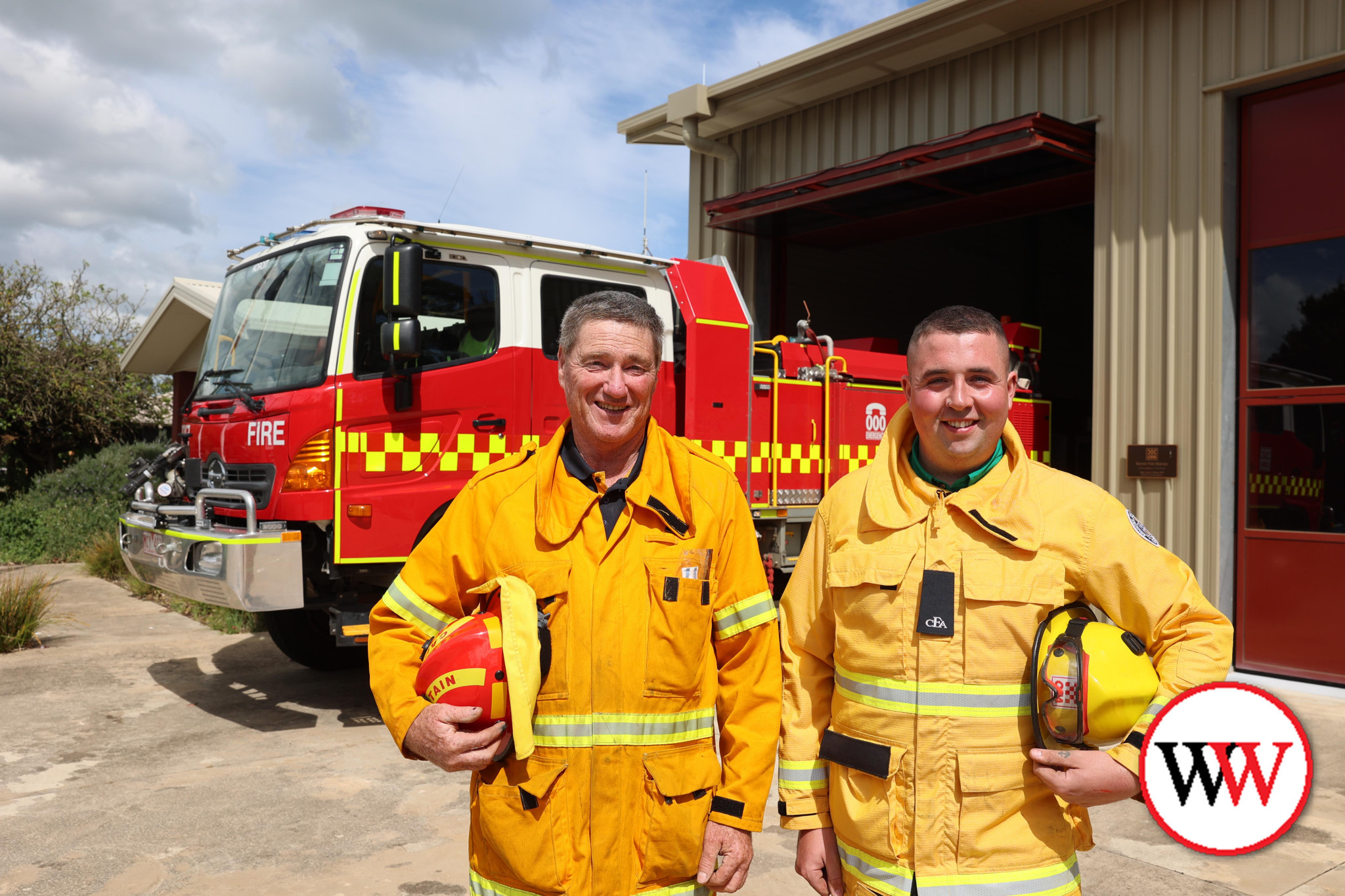 Captain Steve Giblin and volunteer Gregor Mews at the Koroit fire station.