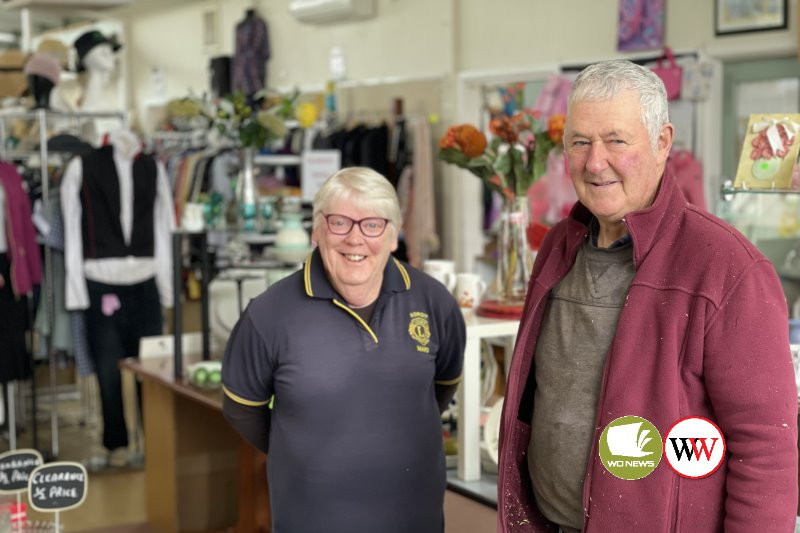 Koroit Lions op shop manager Marg Everard with club president Jim Madden.