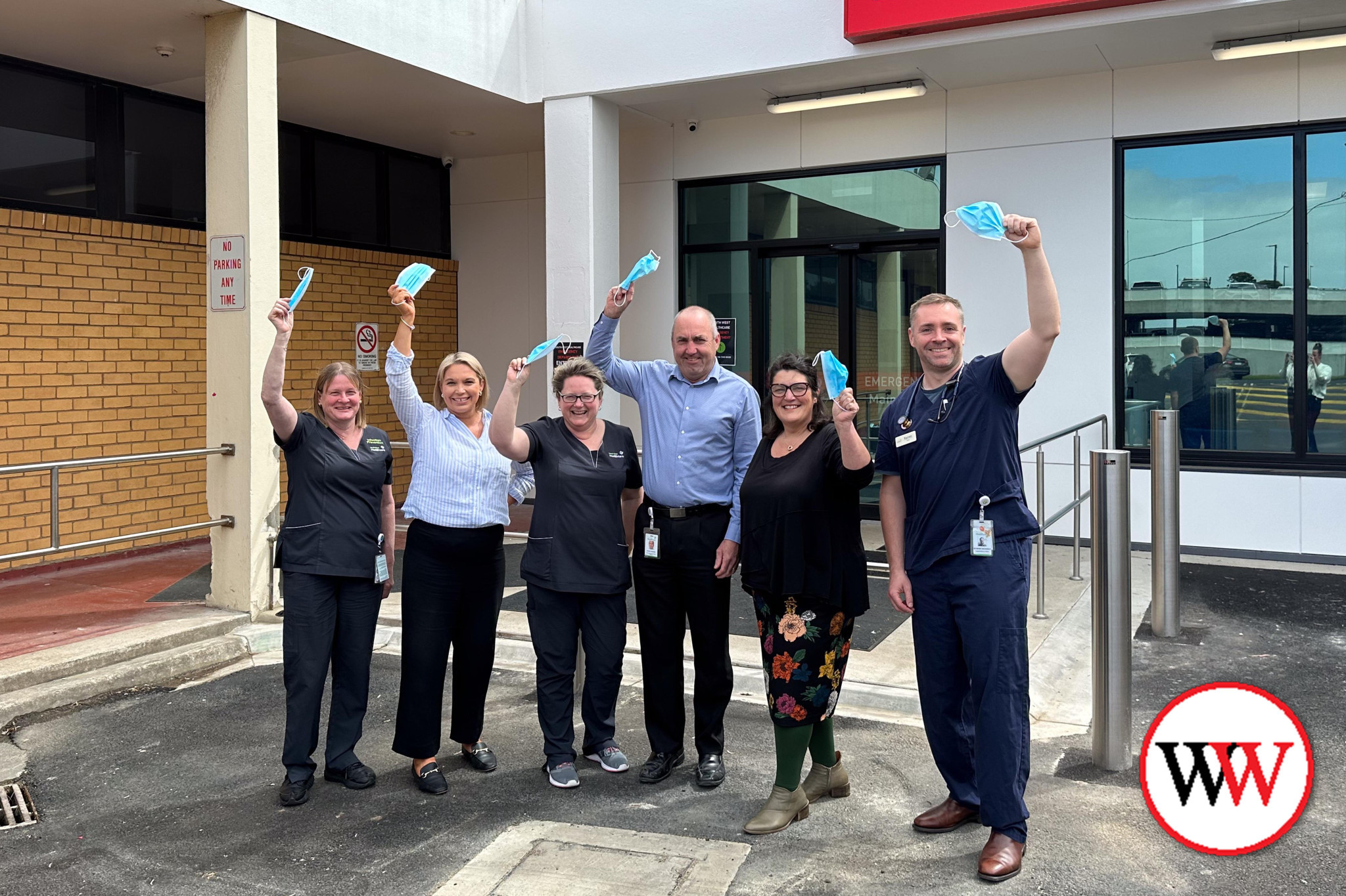 Infection Prevention Nurse Cynthia Gibbins, Deputy Director of Nursing Erin Southwell, Ward Nurse Christine Pritchard, Warehouse and Logistics Manager Shane Grundy, Infection Prevention Manager Jenny Lukeis and Dr. Keiran MacDonald.