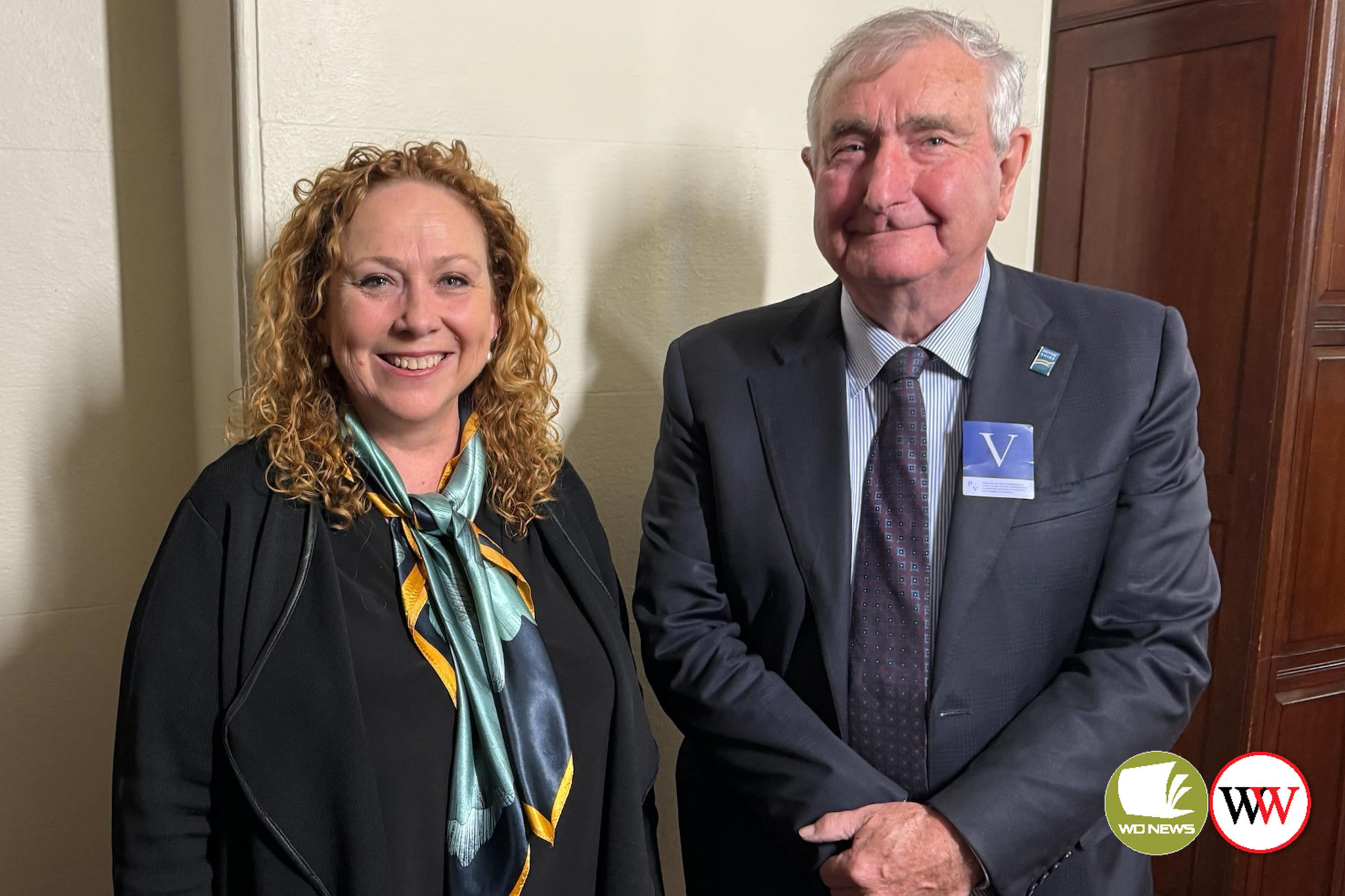 Moyne mayor Ian Smith spoke with Minister for Roads Melissa Horne during a visit to state parliament.