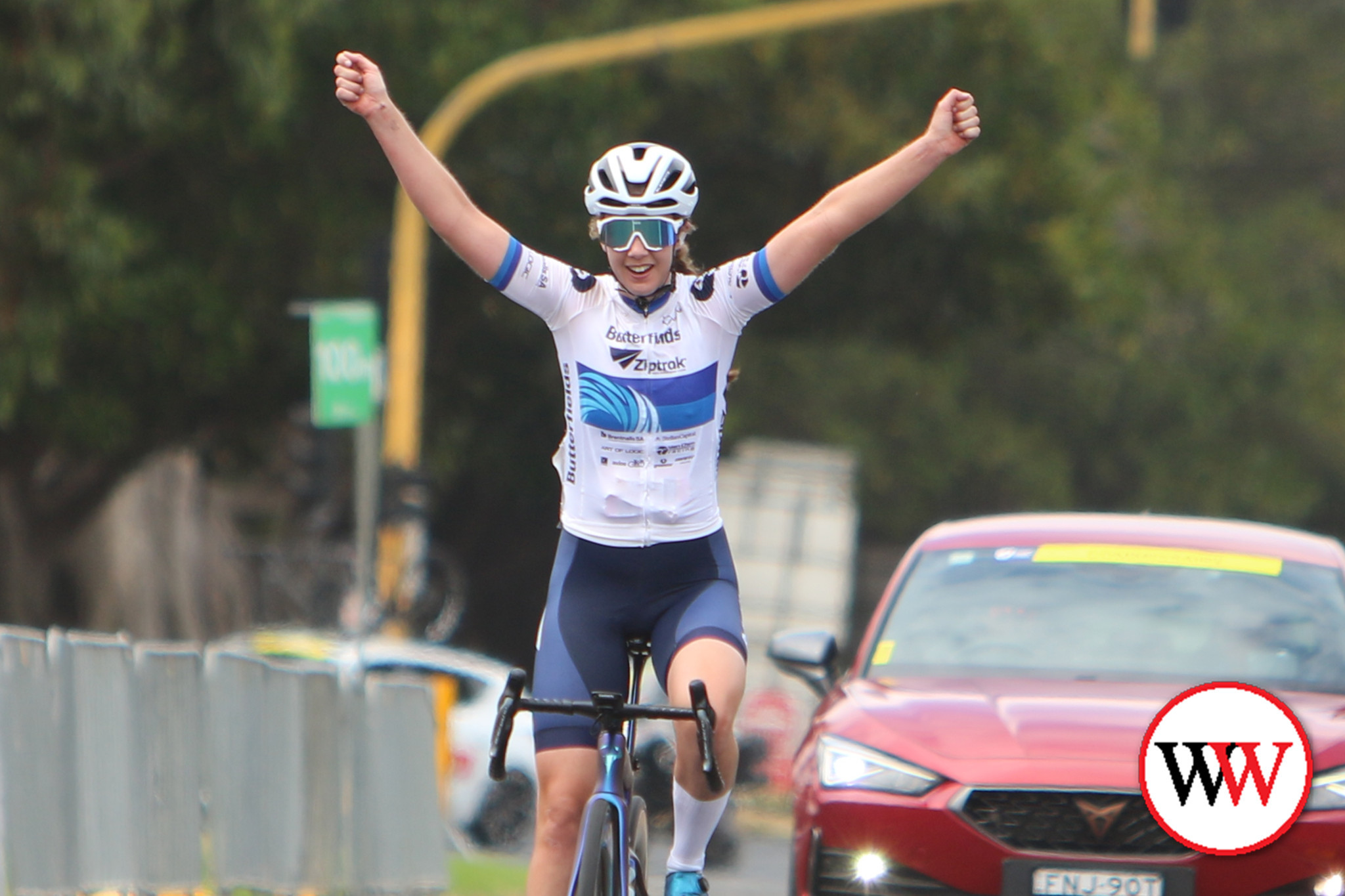 Katelyn Nicholson celebrates victory in Warrnambool.