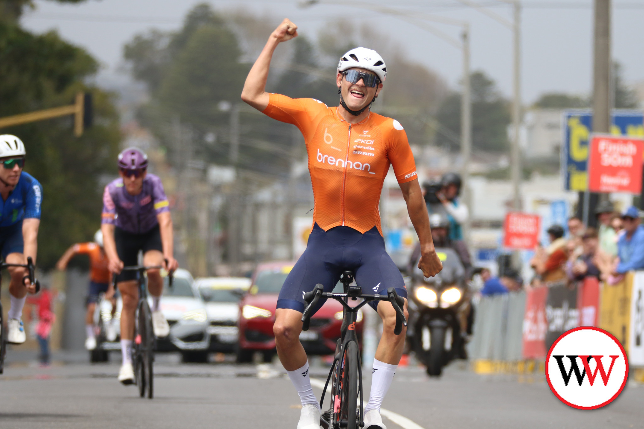 Winner of the Melbourne to Warrnambool Blake Agnoletto celebrates victory.