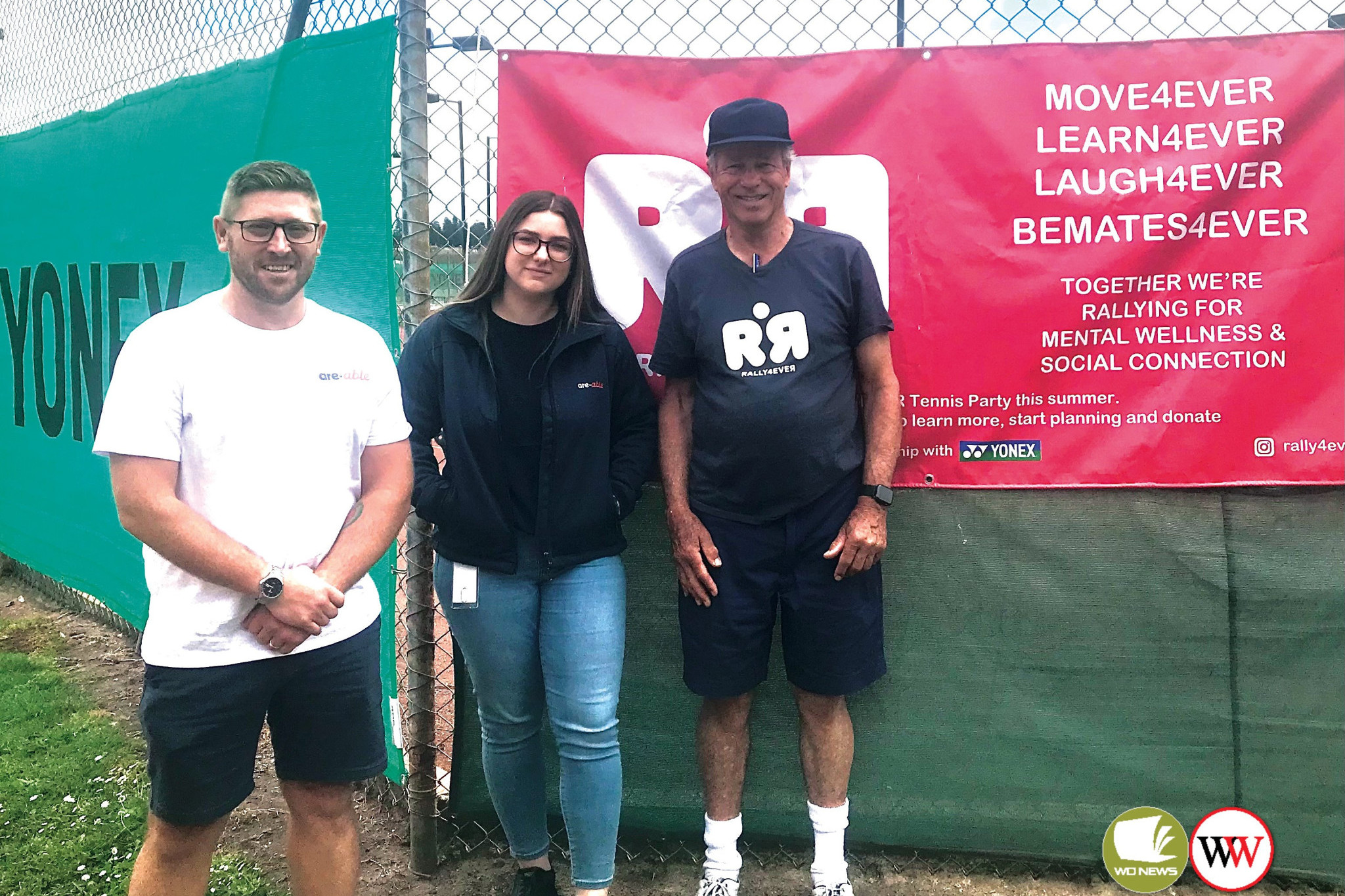 Free tennis to promote social connection and mental wellness can now be enjoyed at the Warrnambool courts. Nathan Isles and Kiera Wolder from WDEA Enterprises (areable) with program coordinator Michael Carter.