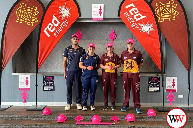 Joining forces for a good cause: Mortlake cricket captains Todd Lamont and Shae De Francesco with Nestles captains Gabby Lenehan and Jacob Hetherington.