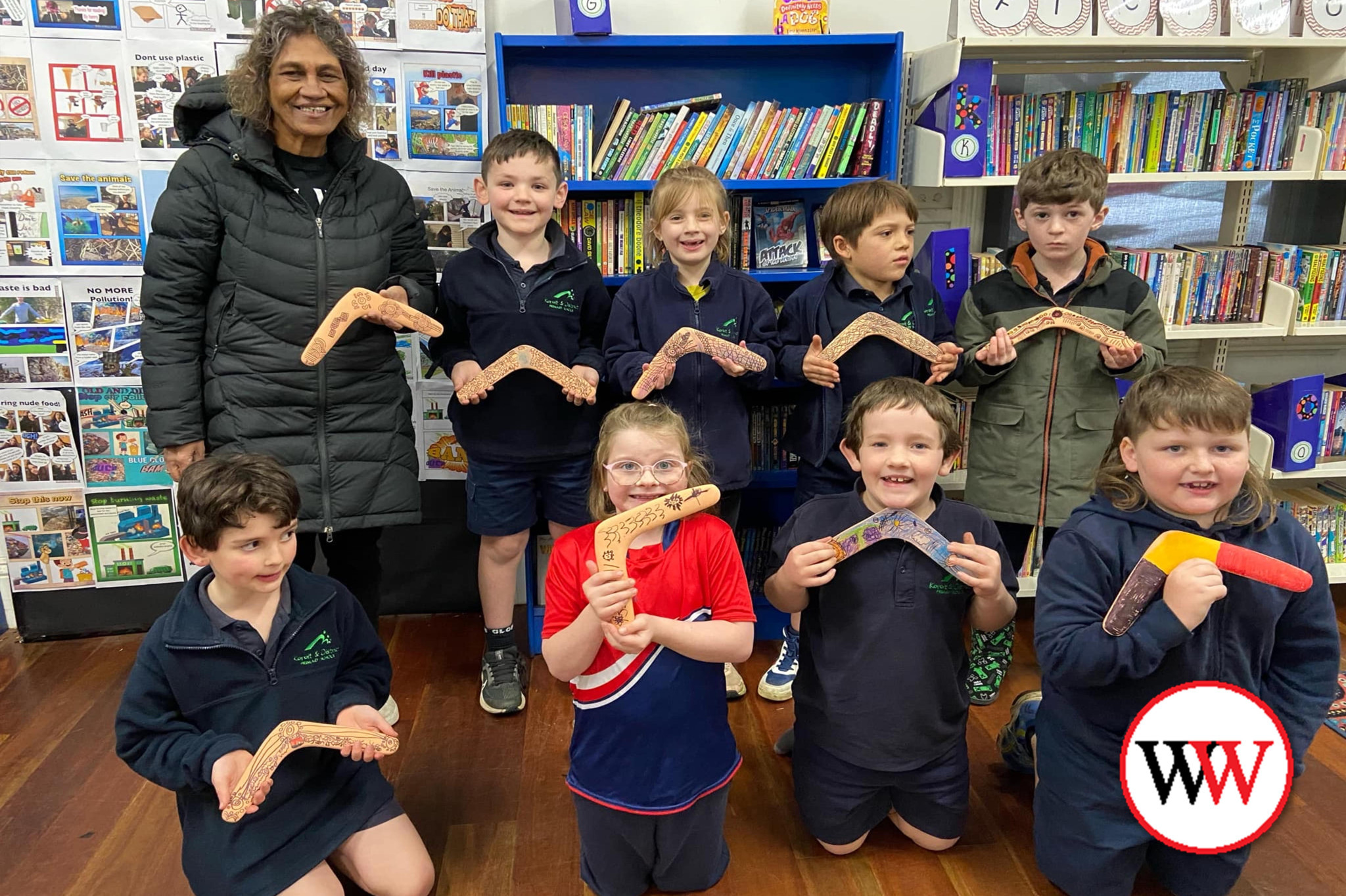 Boomerang decorating with Aunty Tracy was a popular activity. Back row, left to right: Freddie Morris, Marlowe Stanley, Archie Gibson and Jack Hedges. Front: Franklin Monk, Charlotte White, Connor Heyme and Saxon Russell.