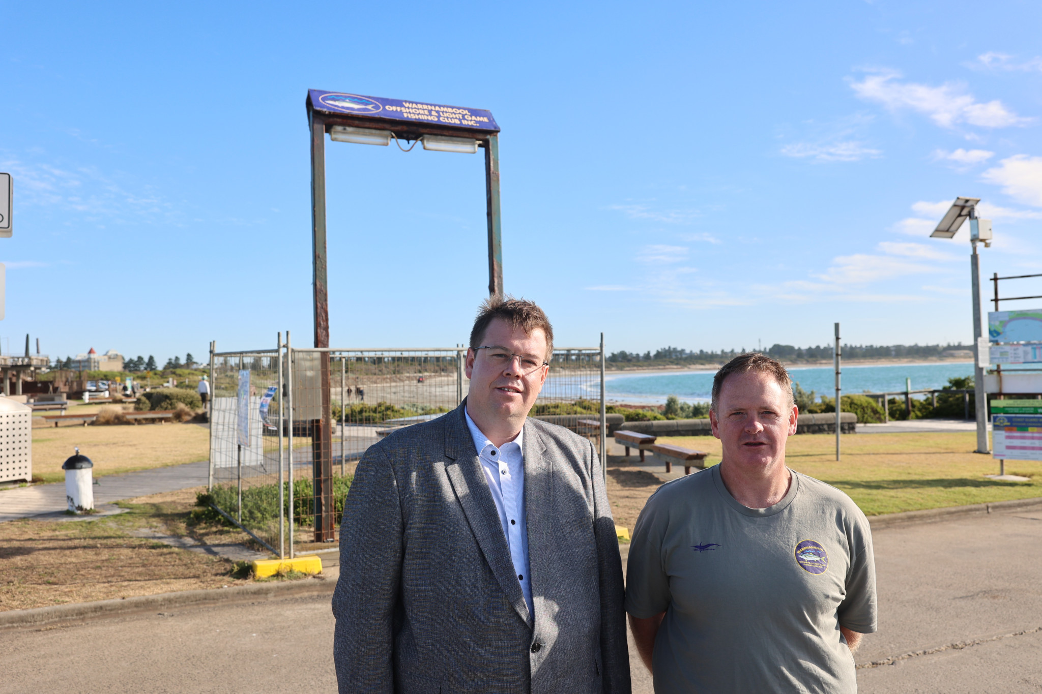 Warrnambool mayor Ben Blain and Warrnambool Offshore and Light Game Fishing Club member Andy Smith are excited with the release of VFA funds for a new gantry in Warrnambool.