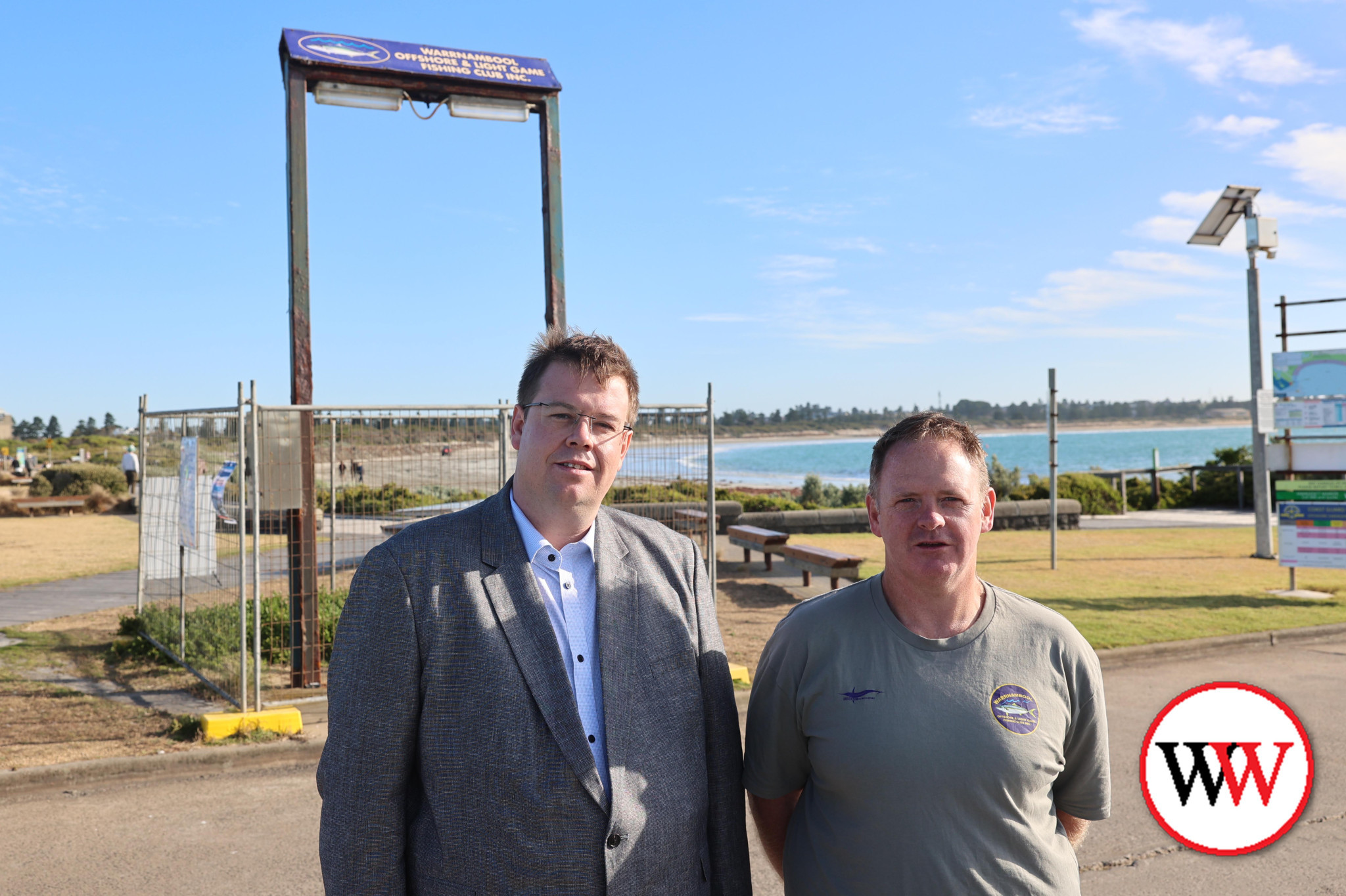 Warrnambool mayor Ben Blain and Warrnambool Offshore and Light Game Fishing Club member Andy Smith are excited with the release of VFA funds for a new gantry in Warrnambool.
