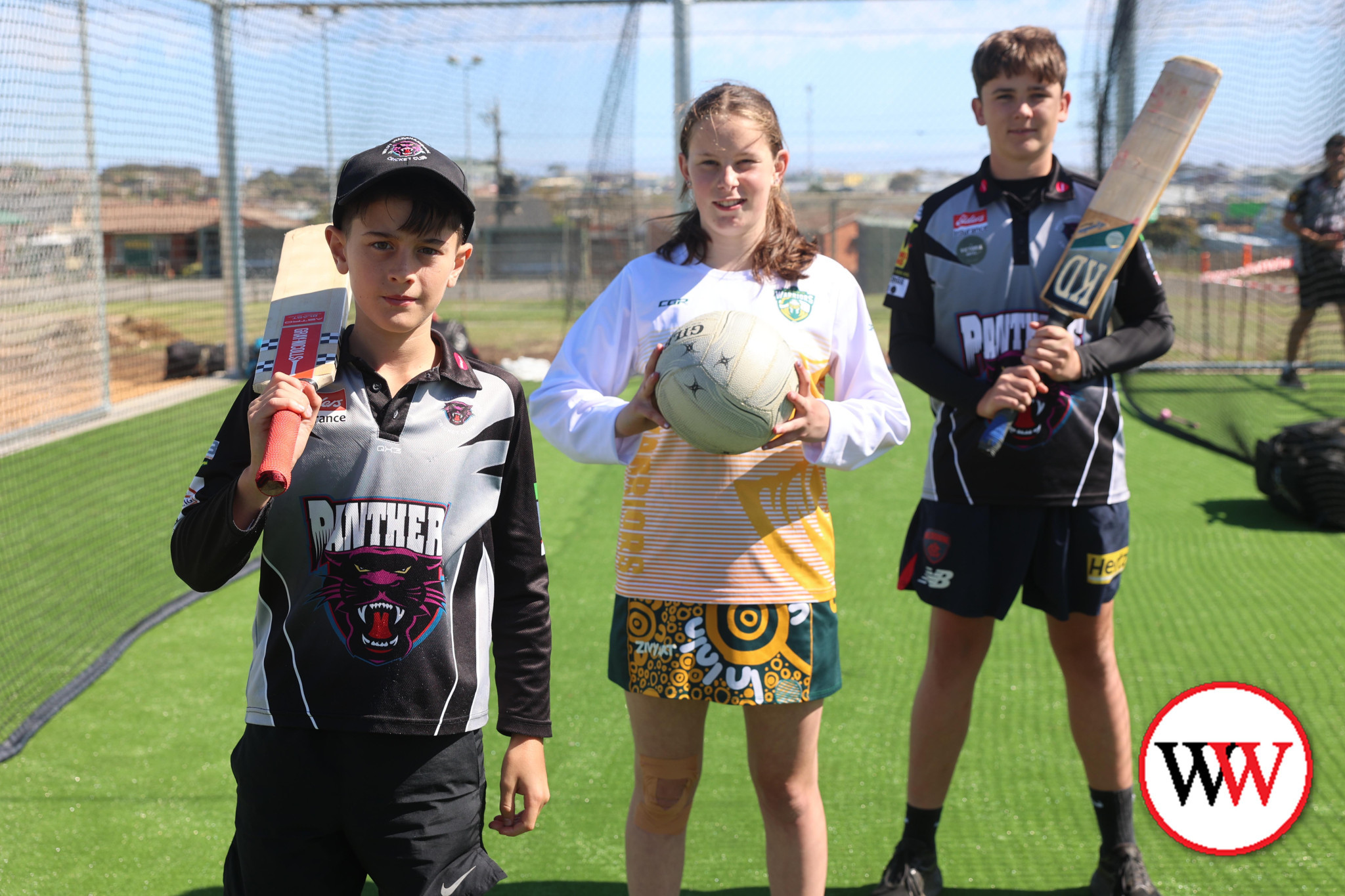 West Warrnambool junior cricketers Cooper McDonald and Beau Gannon, with Old Collegians netballer Addison Holcombe, are looking forward to using the new nets at Davidson Oval.